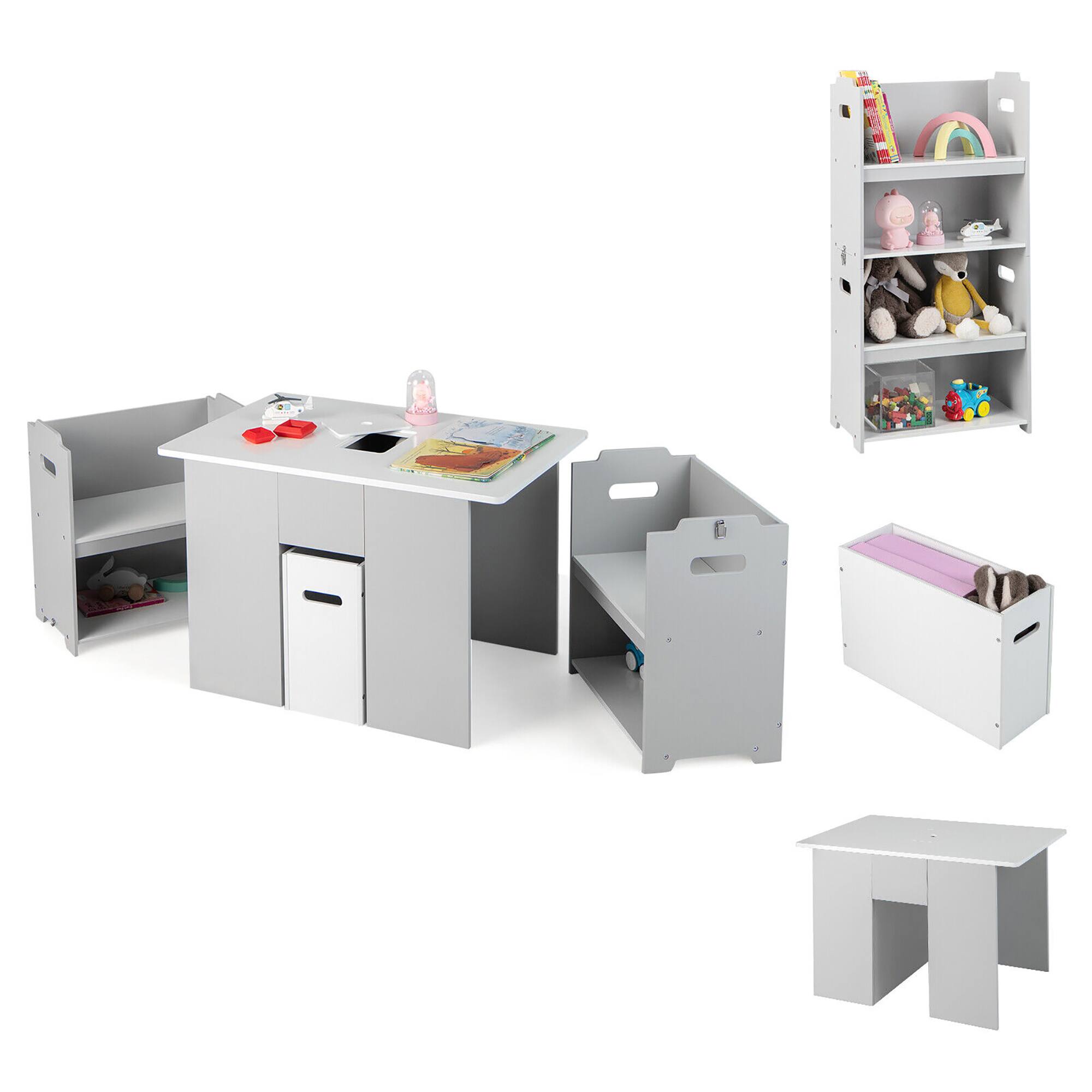 Alt View 9. Gymax - Gymax Kids Table and 2 Chairs Set 4-in-1 Desk & Chair Set w/ Storage Grey + White - Grey + White.