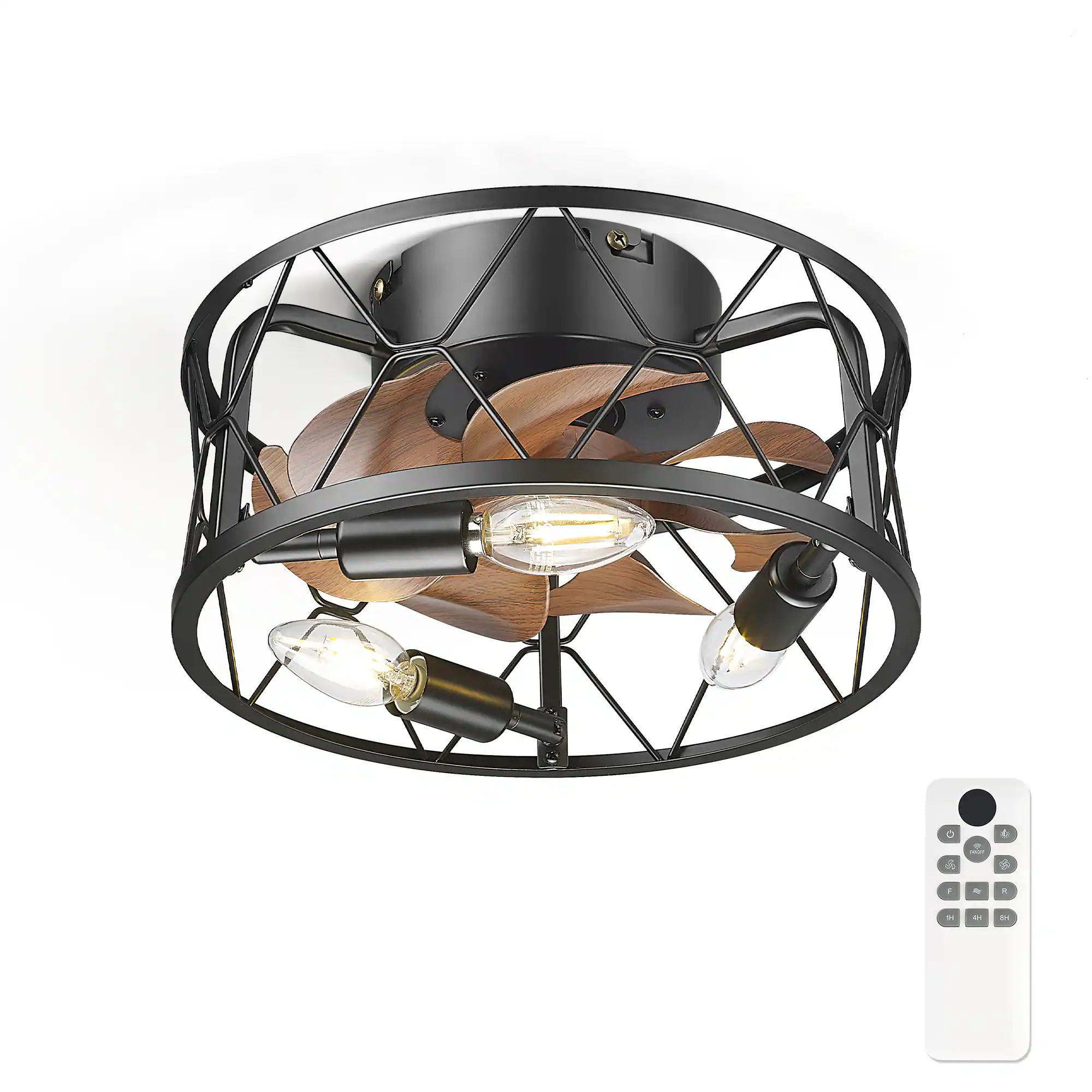 Front. JAZAVA - 12-Inch Indoor Mini Cage Ceiling Fan with Light, Matte Black and Dark Wood Finish, 100-240V Low Profile Ceiling Fan - Matte Black.