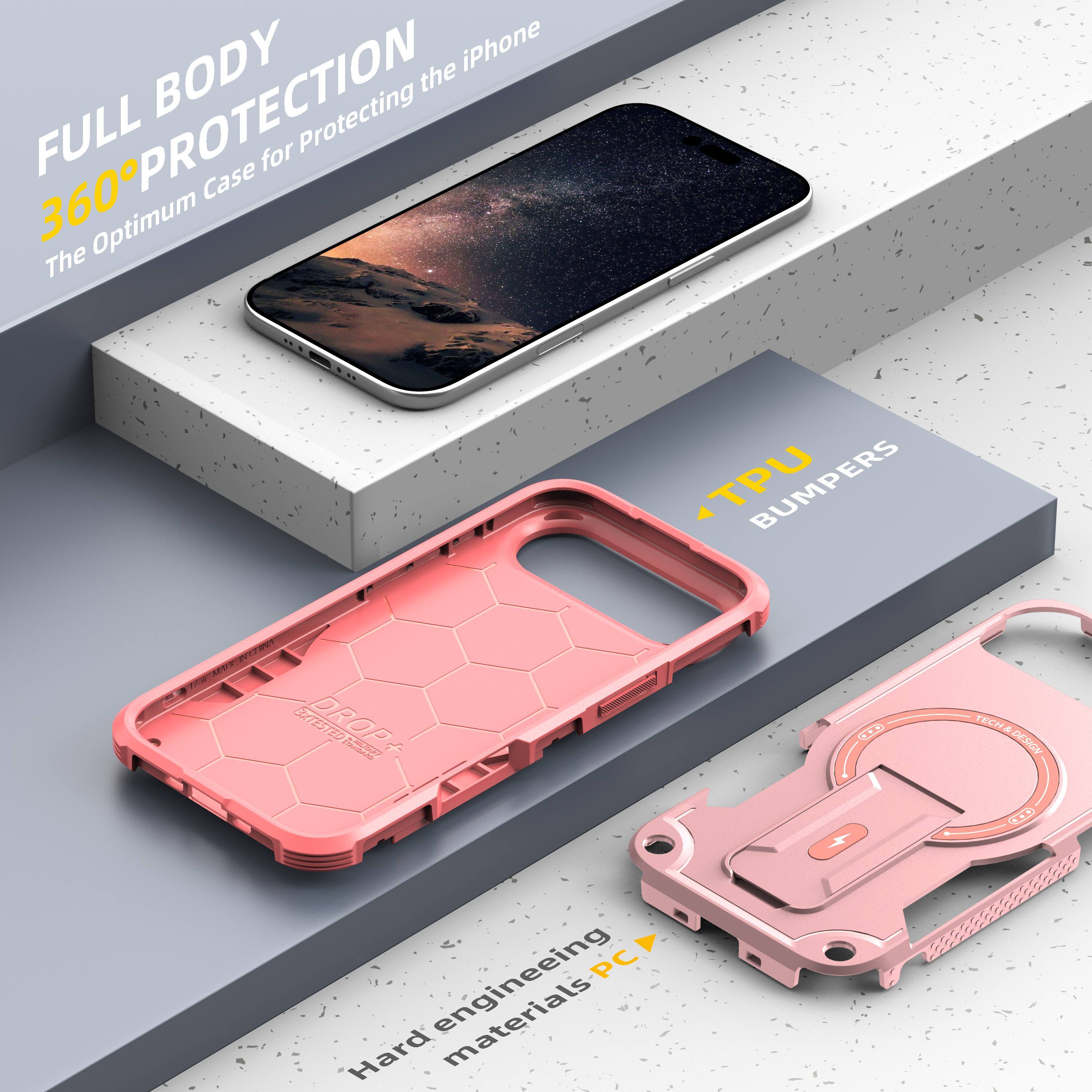FULL BODY 360° PROTECTION  
The Optimum Case for Protecting the iPhone  

TPU BUMPERS  

Hard engineering materials PC  

TECHADESEN DESIGN