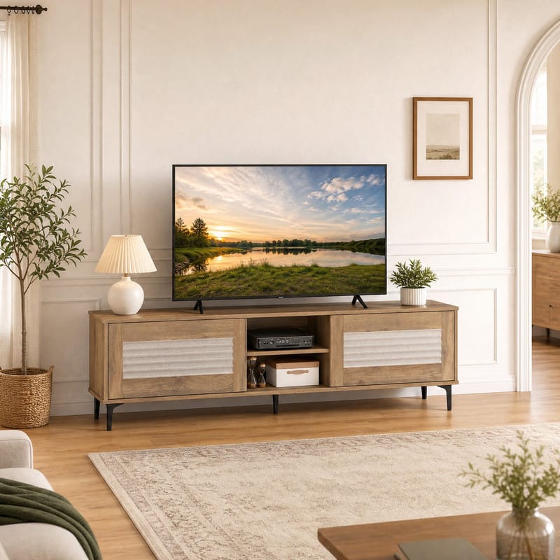 WELLFOR - Waveform Fluted TV Stand for TVs up to 70", Entertainment Center Media Console Table with Door & Open Shelf - Oak