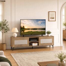 WELLFOR - Waveform Fluted TV Stand for TVs up to 70", Entertainment Center Media Console Table with Door & Open Shelf - Oak