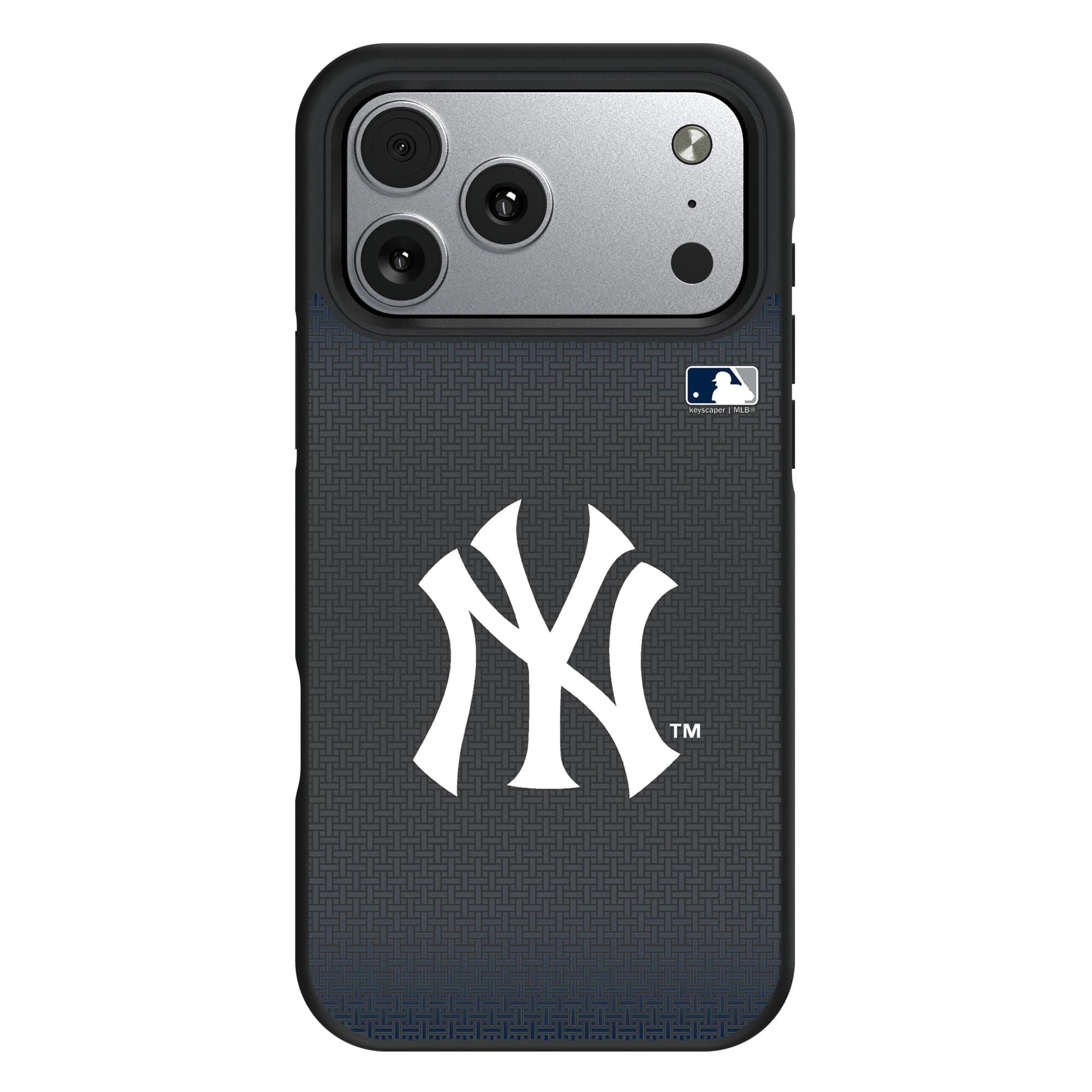 Front. Keyscaper - New York Yankees Linen Logo iPhone Bump Case - 16 Pro Max - Black.