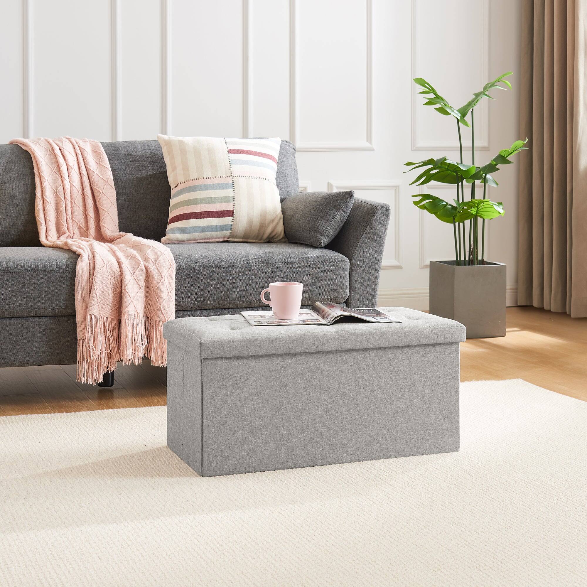 Alt View 2. Vecelo - 30" Storage Ottoman Bench with Folding Design, Large Capacity Linen Storage Bench for Bedroom & Living Room - Grey.