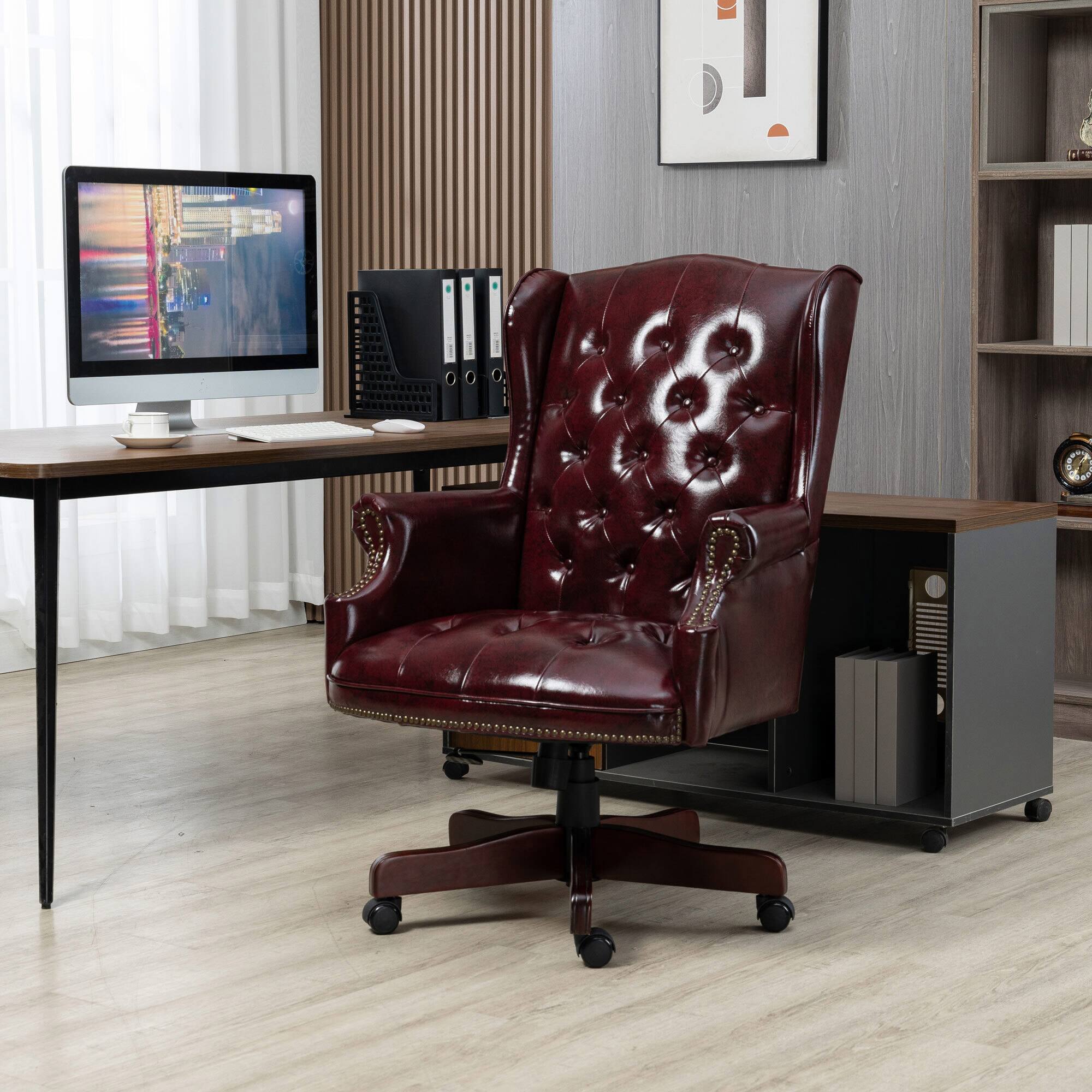 Angle. Spaco - Spaco Ergonomic Executive Office Chair, High Back Reclining, Thick Padded, PU Leather, Glide Casters, for Home Office - Burgundy.