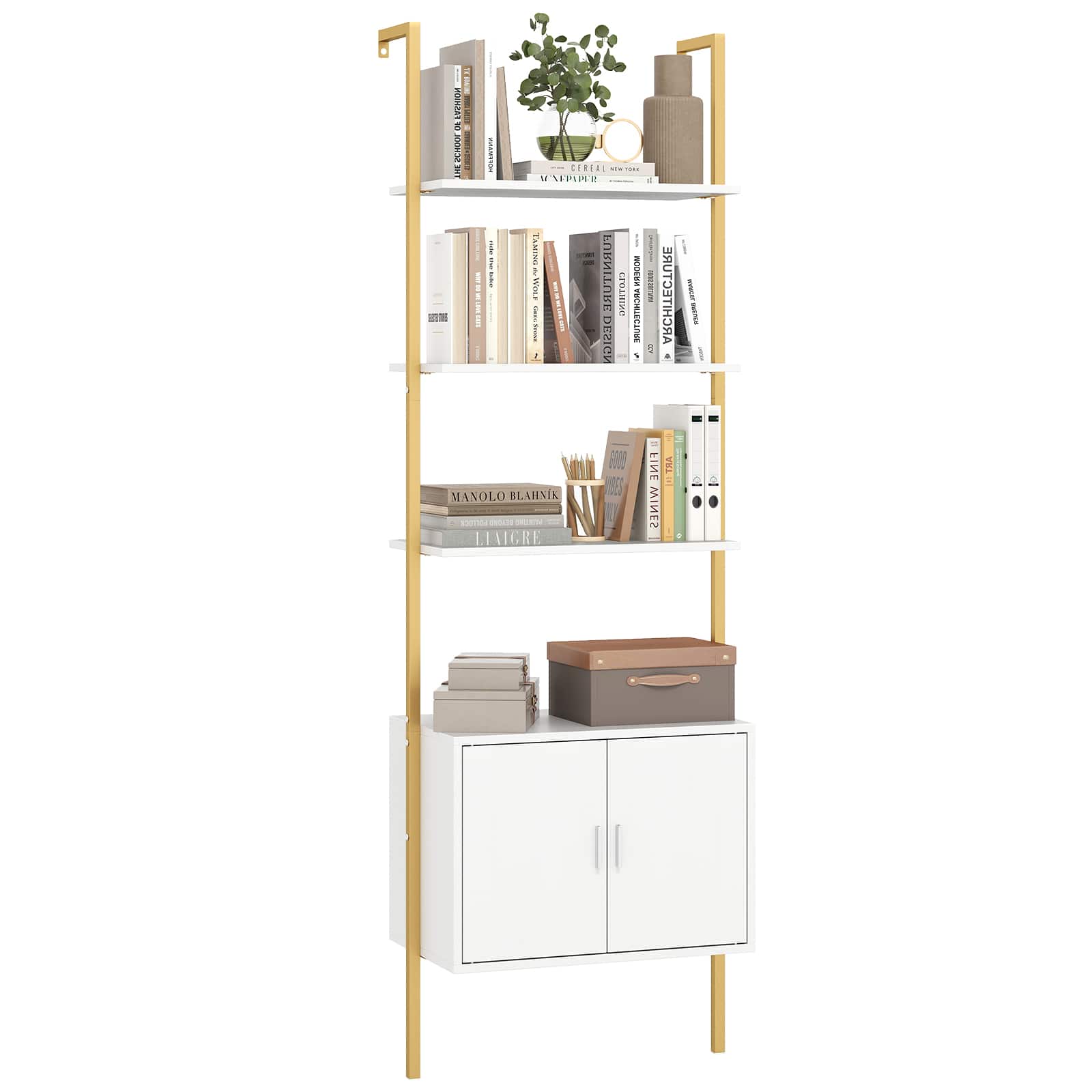 Gymax - 72.5'' Tall Bookshelf 5 Tier Wall Mount Ladder Bookcase w/ Cabinet - White