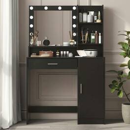 Kadyn - Vanity Desk with Illuminated Mirror and 3-Tier Drawer Storage - Black