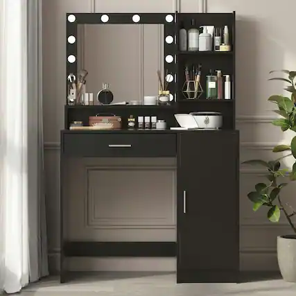 Front. Kadyn - Vanity Desk with Illuminated Mirror and 3-Tier Drawer Storage - Black - Black.