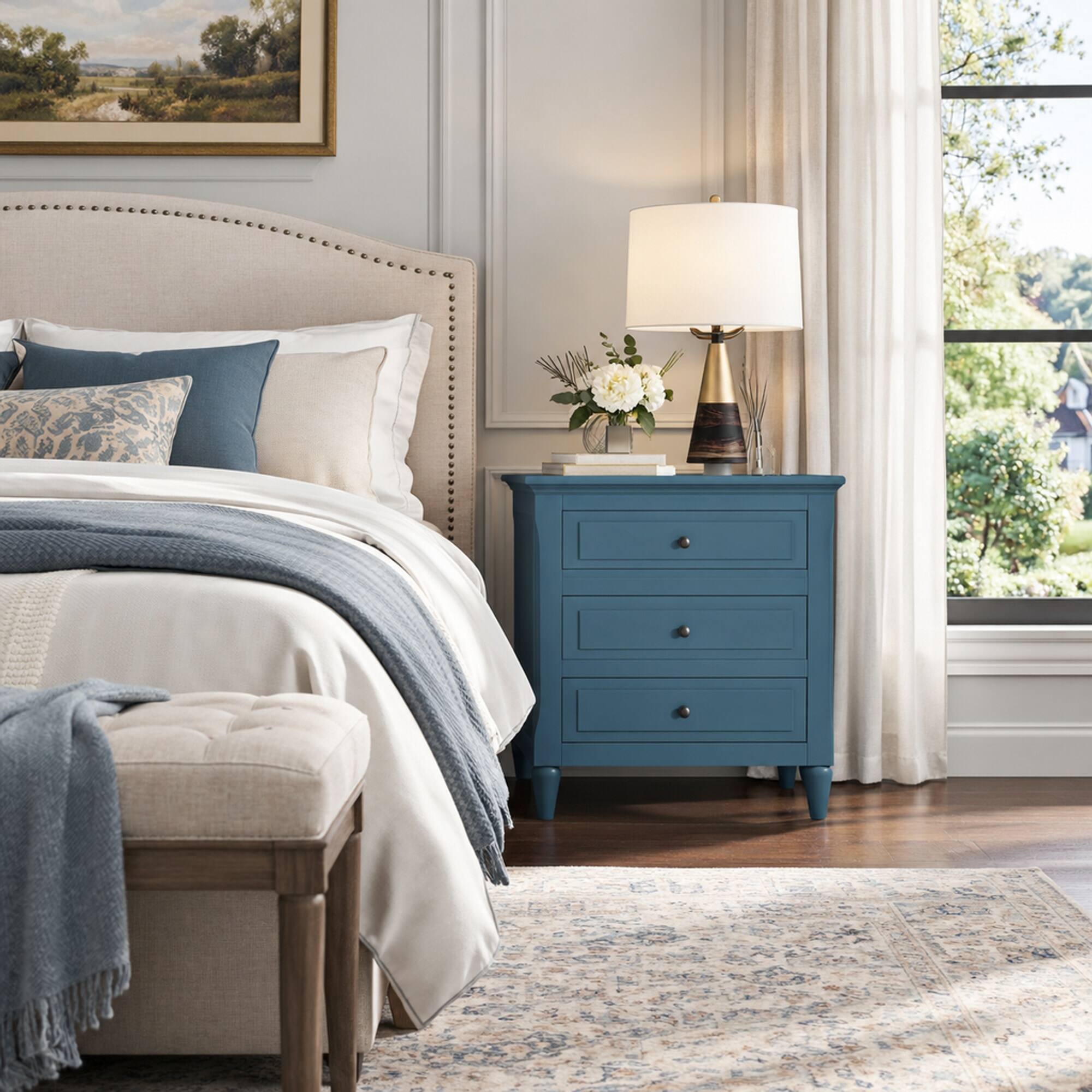 Angle. RYHNUYNE - 28 in Pine Wood Nightstand, 3 Drawer Bedside Cabinet, Metal Handles, Rubber Wood Legs, Compact Sofa Side Table - Blue.