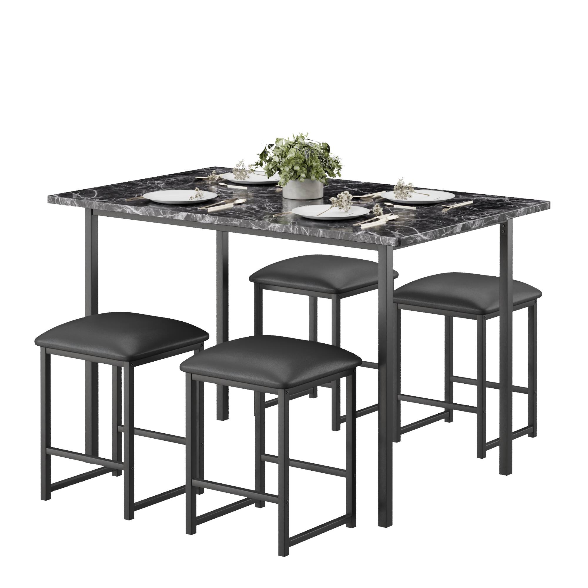 Front. Vecelo - Industrial Dining Set for 4: 43.3" Pub Table With 4 PU Leather Seating, Space Saving Design,  Metal Frame - Black.