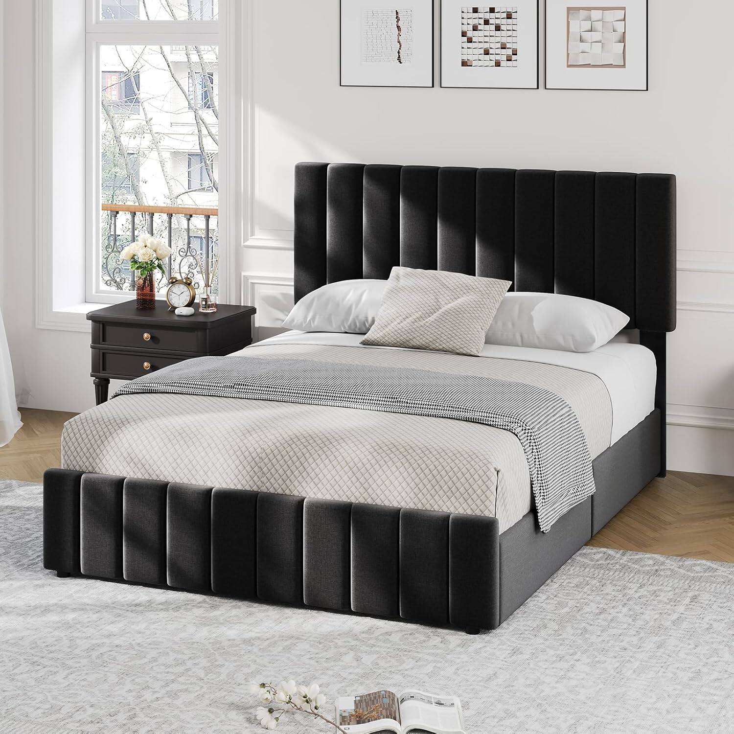 Alt View 1. Jojoka - King Size Platform Bed Frame with 4 Storage Drawers, Adjustable Headboard, Wood Slats, No Box Spring, Black - Black.