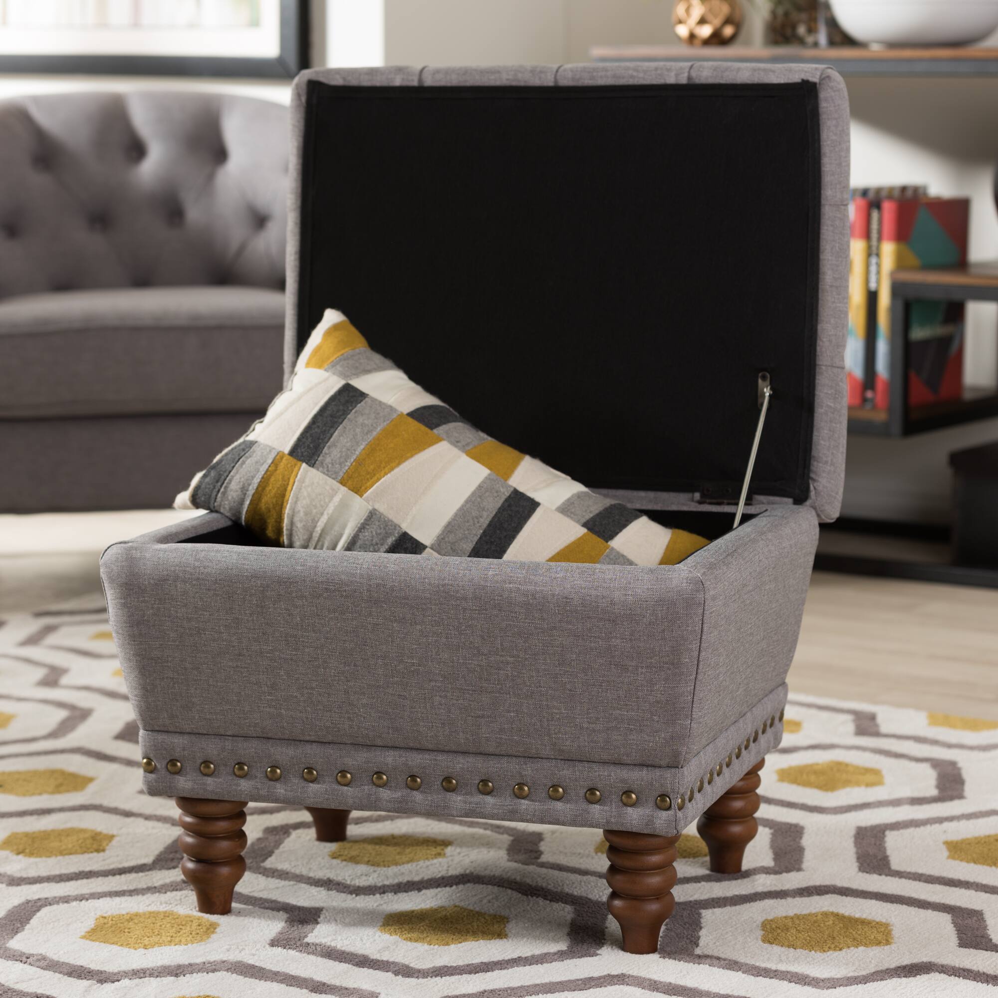 Alt View 4. Baxton Studio - Annabelle Modern and Contemporary Fabric Upholstered Walnut Wood Finished Button-Tufted Storage Ottoman - Light Grey.