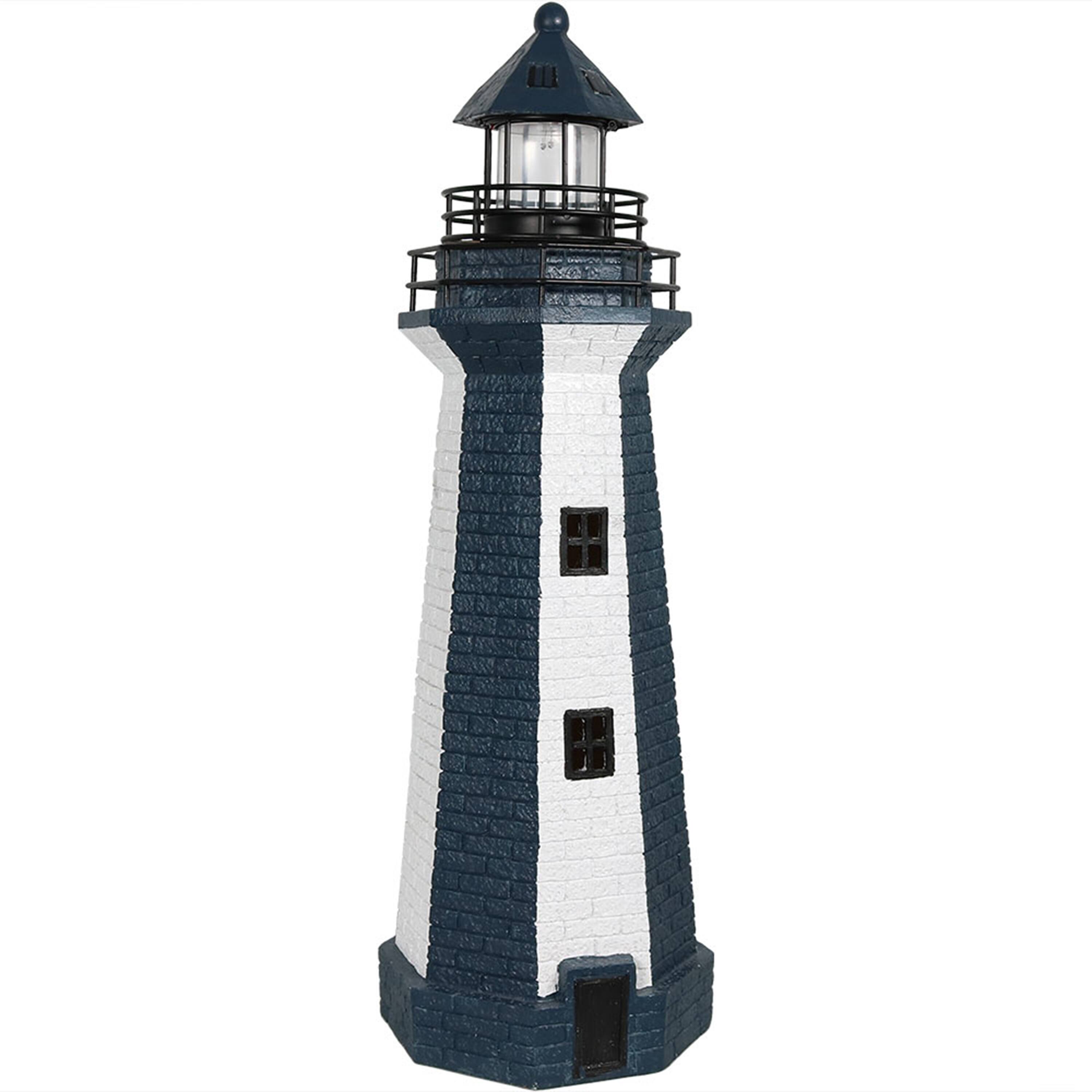 Front. Sunnydaze - 36 in Resin and Metal Solar LED Lighthouse Statue - Blue Stripe.