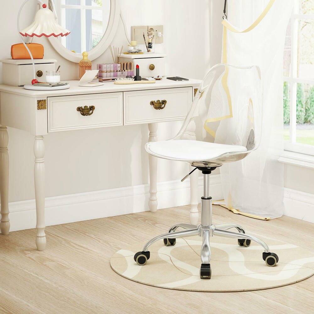 Angle. Kadyn - Armless Rolling Office Chair - Swivel Seat, PU Leather Cushion, Clear + White + Silver - White.