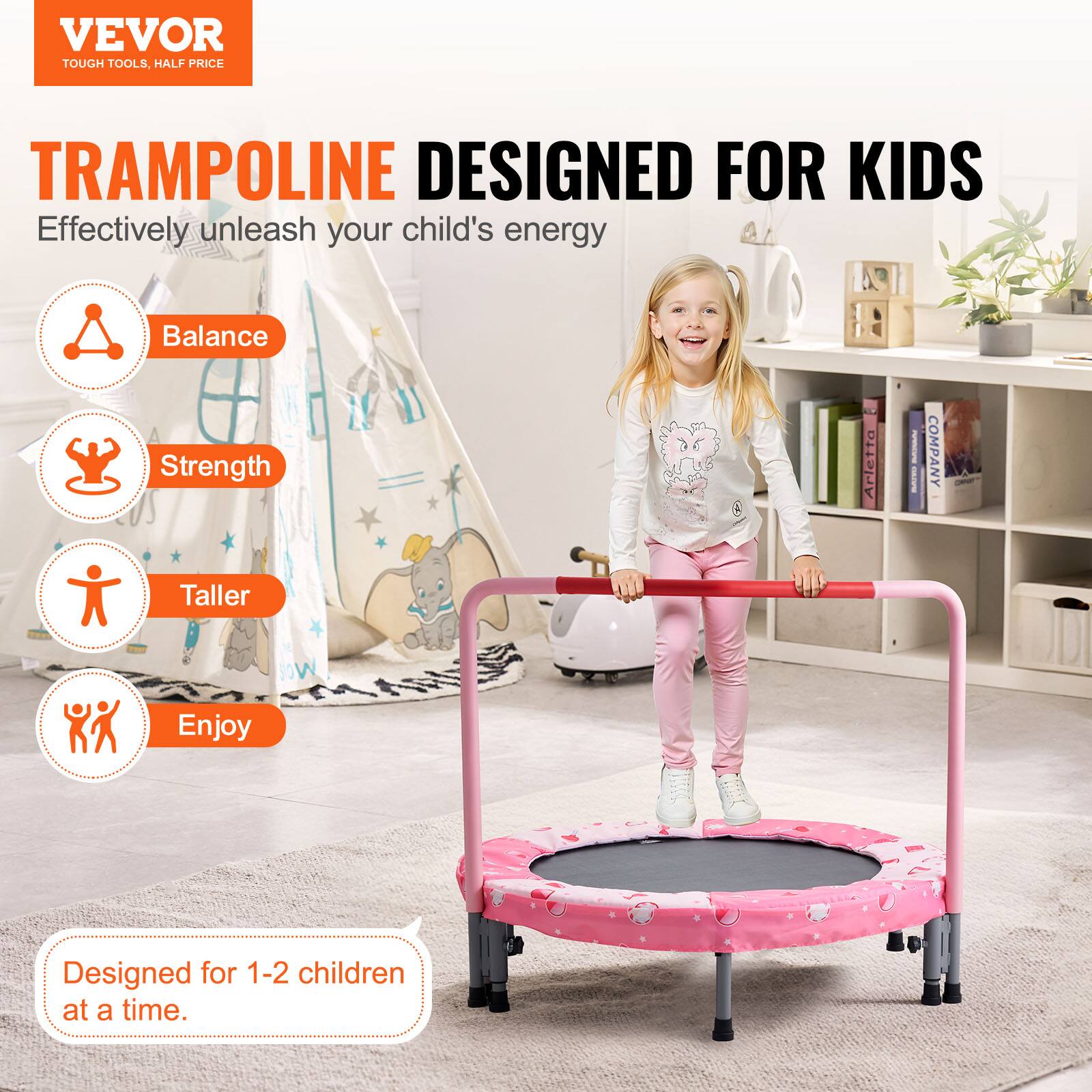 VEVOR TOUGH TOOLS, HALF PRICE TRAMPOLINE DESIGNED FOR KIDS. Effectively unleash your child's energy. Balance, Strength, Taller, Enjoy. Designed for 1-2 children at a time.
