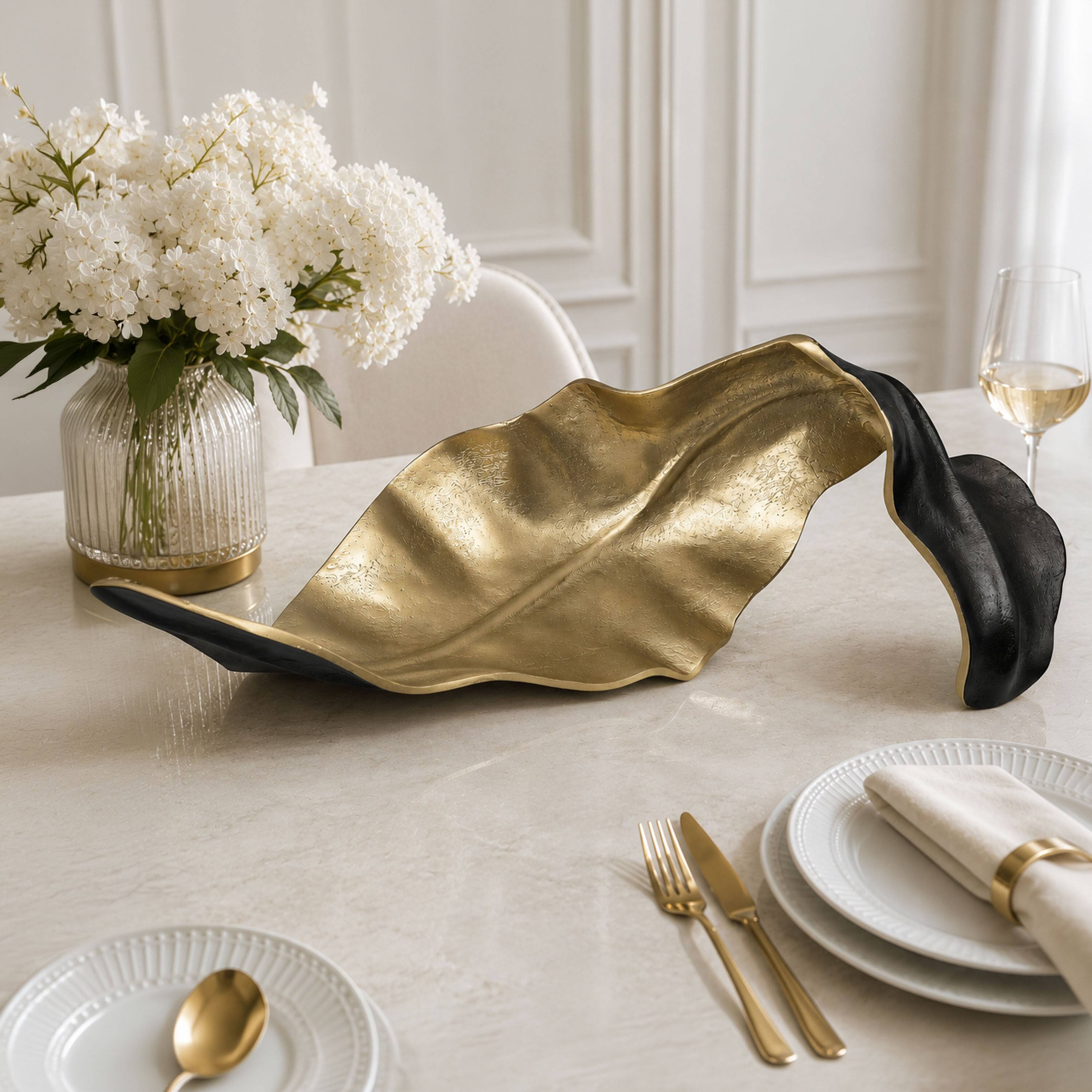 Alt View 3. Manhattan Lane - Lica 19 Inch Twisted Leaf Sculpture Table Decor, Antique Gold and Black Finish, Handcrafted Metal - Black, Gold.