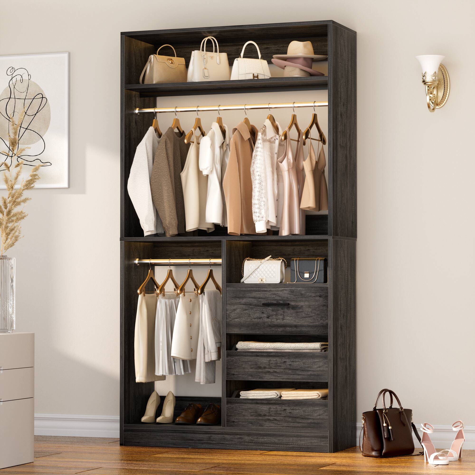 Back. Aheaplus - 2-Piece 72"Heavy Duty Closet Organizer System with 6 Drawers, 4 Hanging Rods & Adjustable Shelves - Gray Oak.