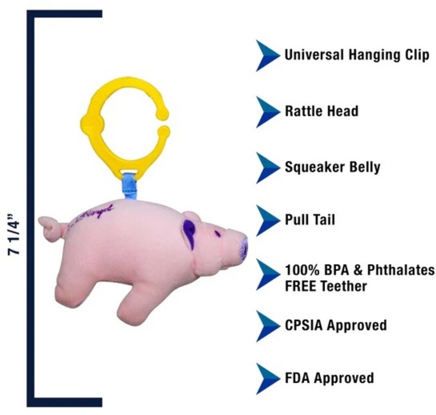 7 1/4" 7 O one Universal Hanging Clip Rattle Head Squeaker Belly Pull Tail 100% BPA & Phthalates FREE Teether CPSIA Approved FDA Approved