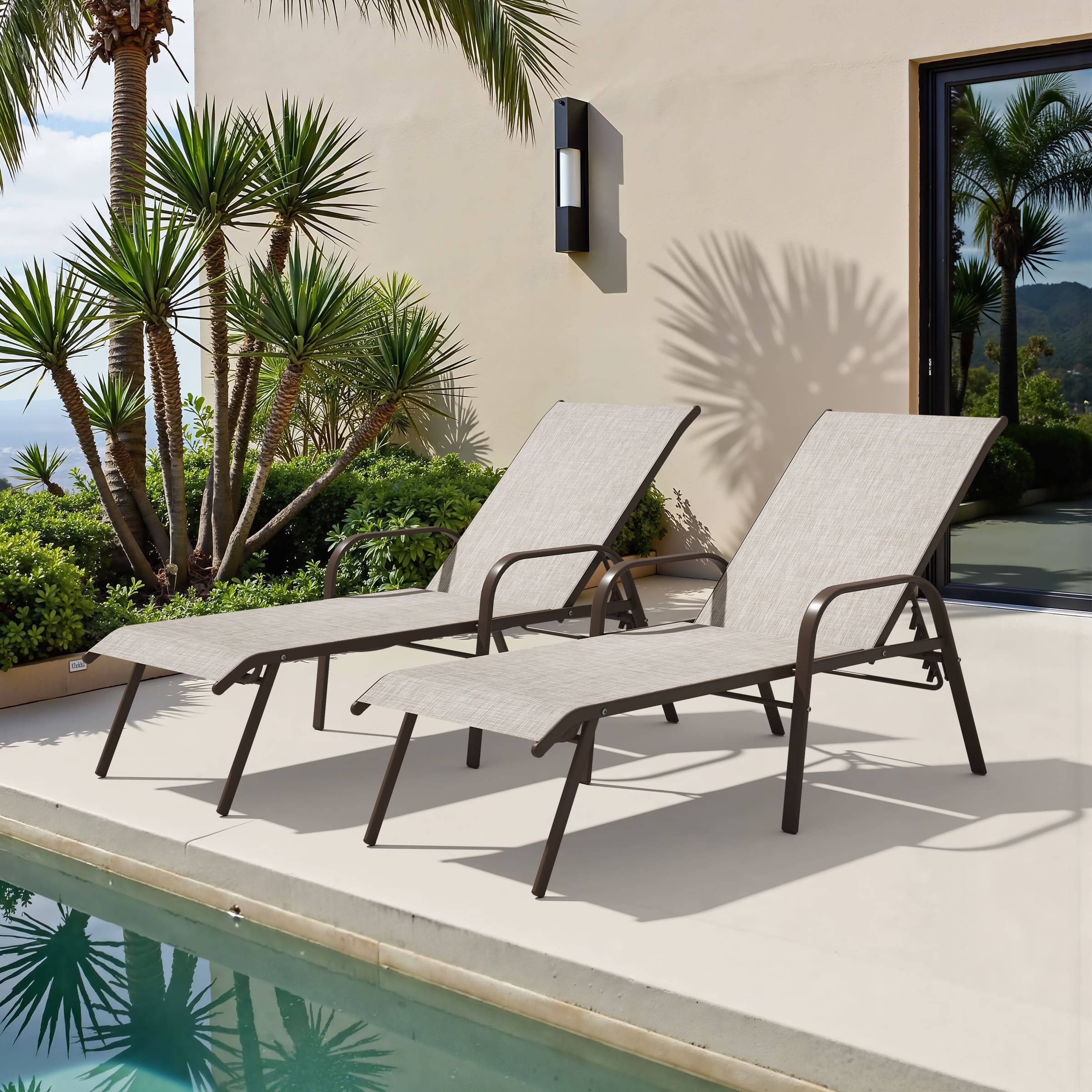 Crestlive Products - Set of 2 Brown Metal Frame Adjustbale Chaise Lounge Chair with Texteline Sling Seat - Beige