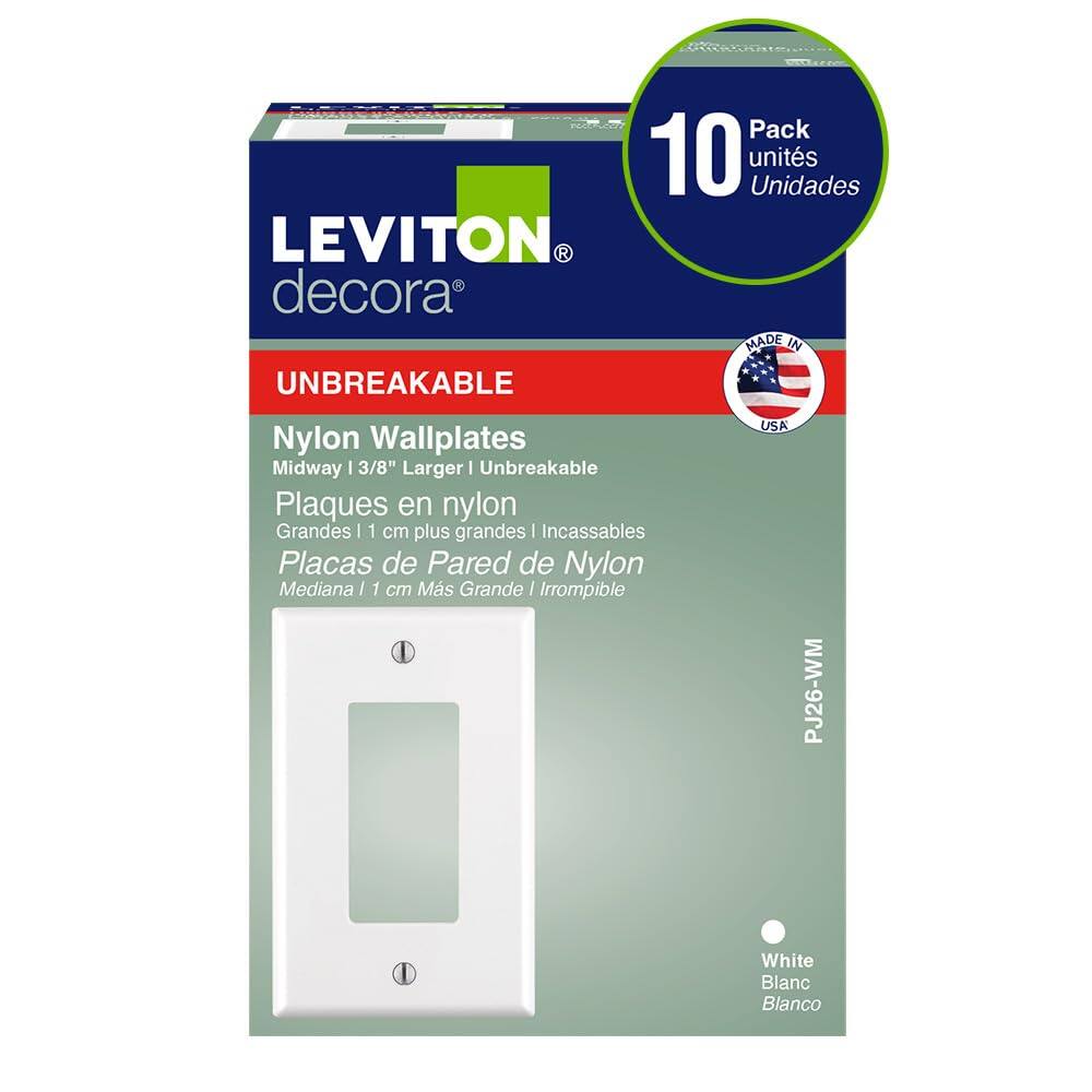 Pack 10 unidades LEVITON decora UNBREAKABLE Nylon Wallplates Midway 3/8" Larger Unbreakable Plaques en nylon Grandes | 1 cm plus grandes | Incassables Placas de Pared de Nylon Mediana | 1 cm Más Grande | Irrompible USA PJ26-WM White Blanc Blanco