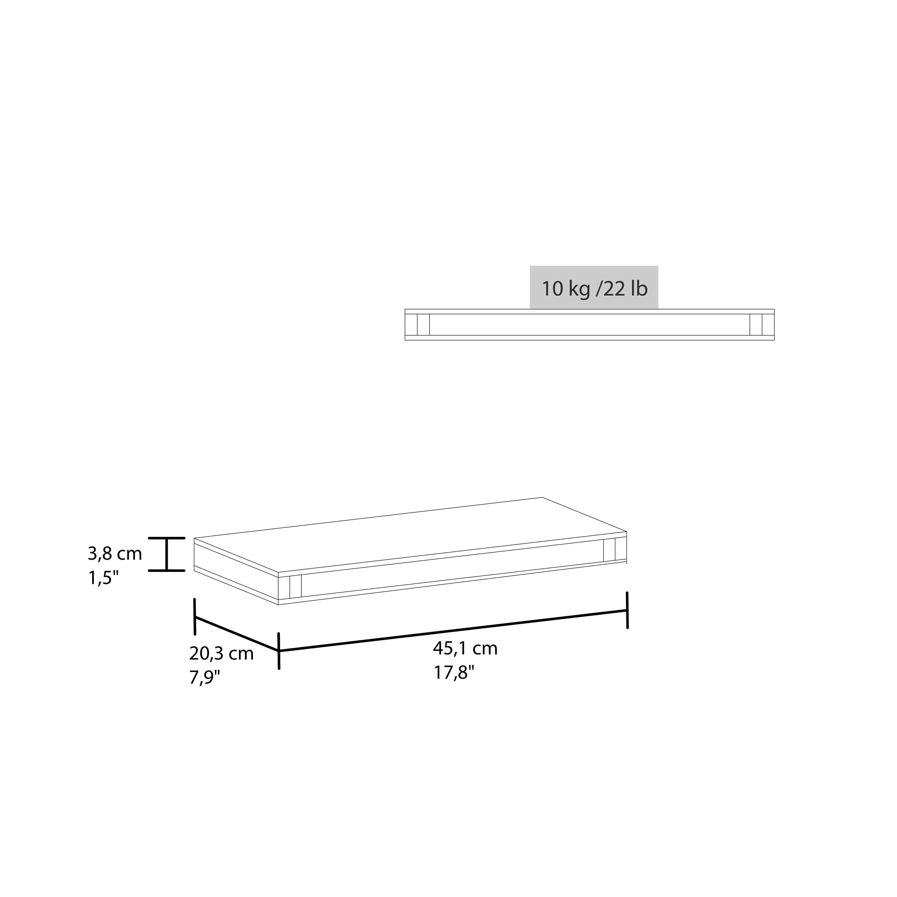 10 kg / 22 lb

3,8 cm | 1,5"

20,3 cm | 7,9"

45,1 cm | 17,8"