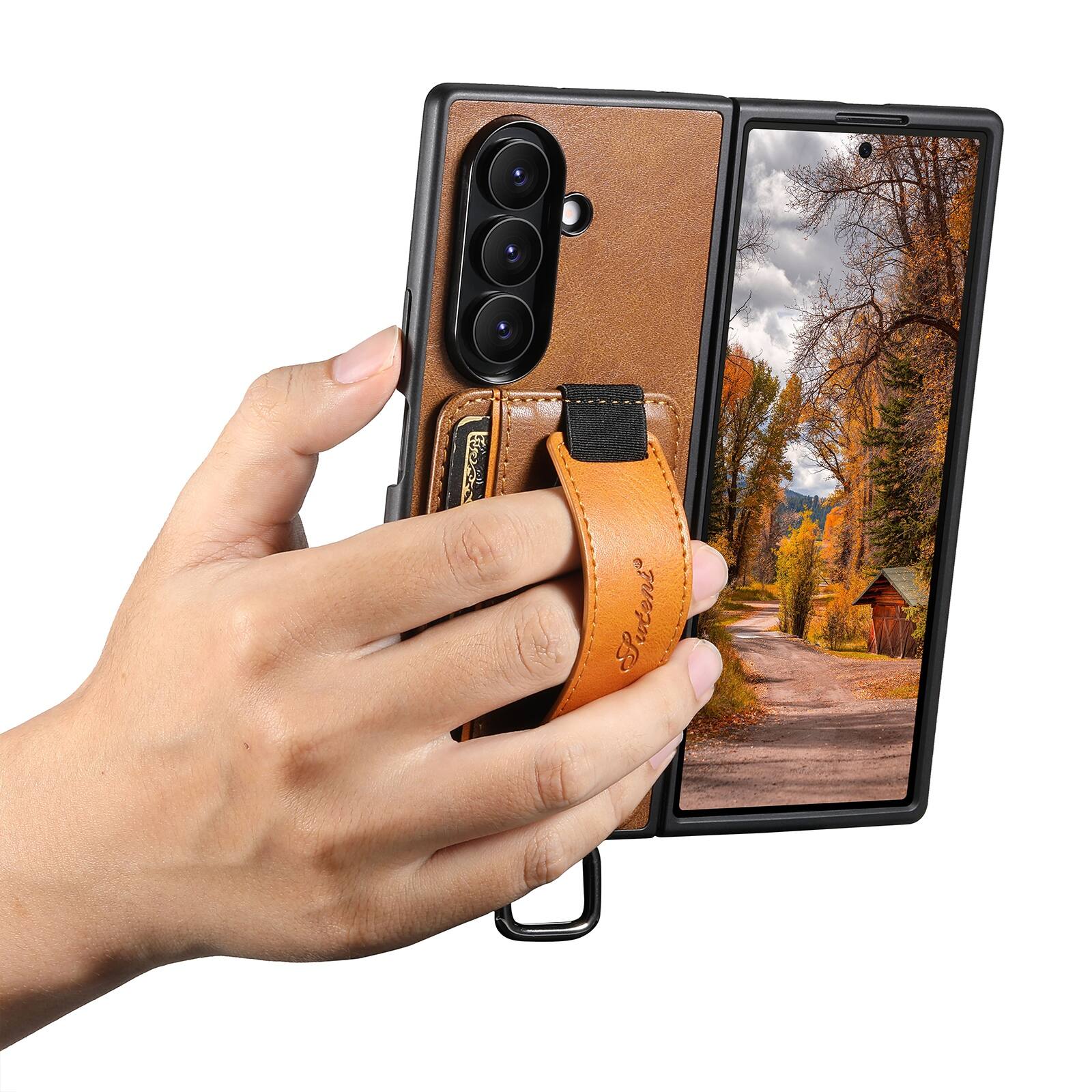 Back. Dteck - Wallet Case for Samsung Galaxy Z Fold 8 Ultra, Oil Wax PU Leather Retro Business Card Holder Wrist Strap Stand Cover - Brown.