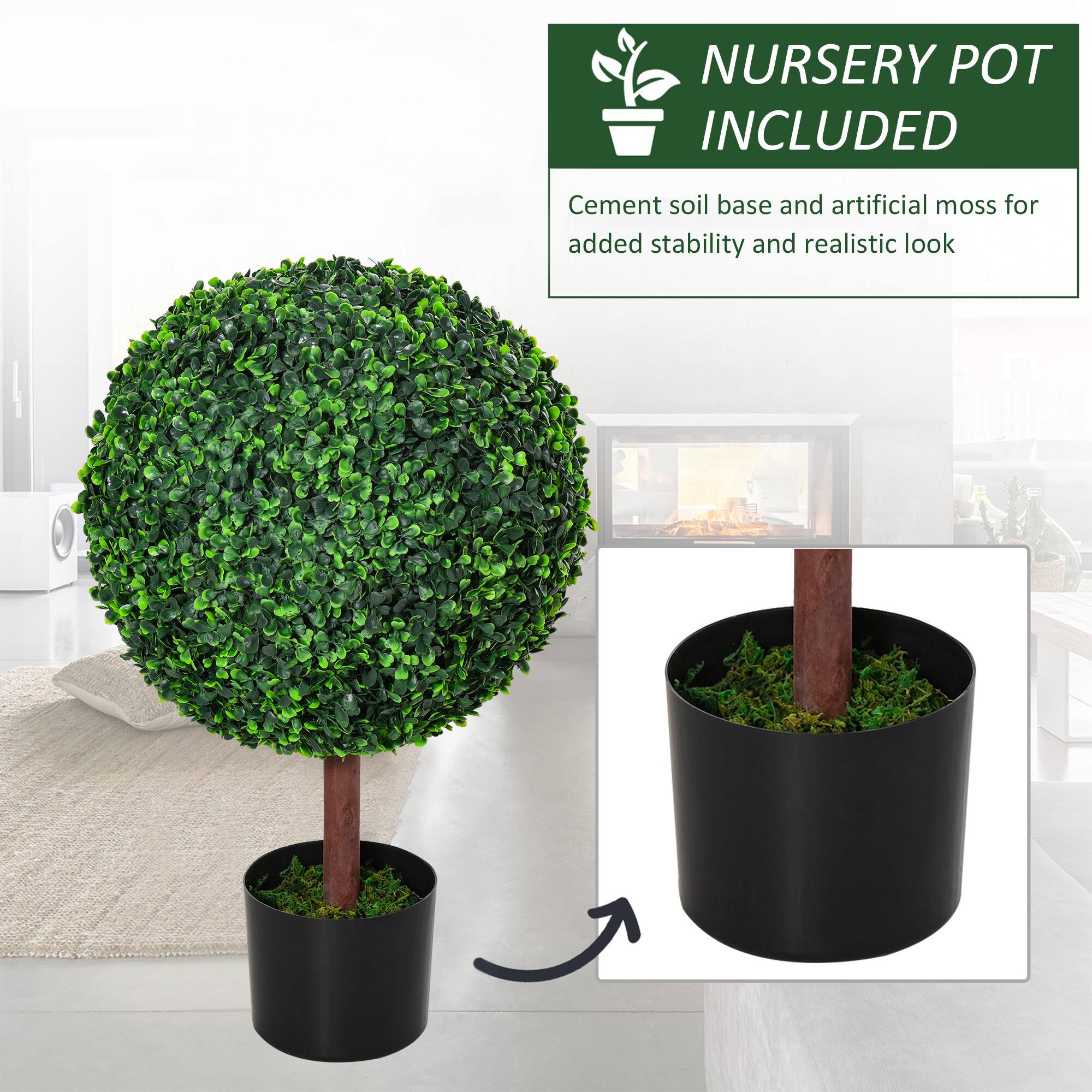 NURSERY POT INCLUDED
Cement soil base and artificial moss for added stability and realistic look