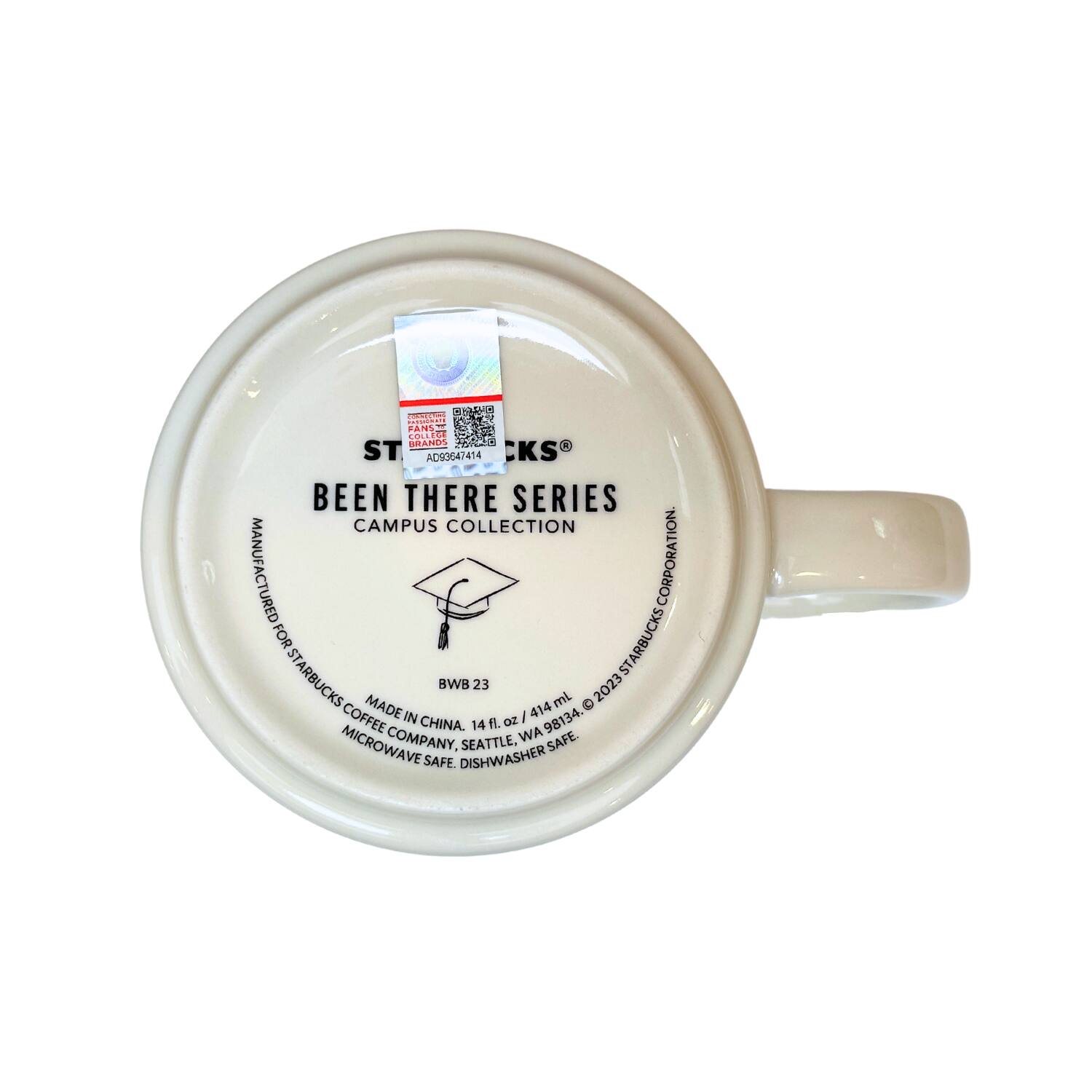 - BEEN THERE SERIES  
  CAMPUS COLLECTION  
  STARBUCKS  
  MANUFACTURED FOR STARBUCKS CORPORATION  
  MADE IN CHINA  
  BWB 23  
  14 fl oz / 414 ml  
  STARBUCKS COFFEE COMPANY, SEATTLE, WA  
  MICROWAVE SAFE. DISHWASHER SAFE.  
  © 2023 STARBUCKS CORPORATION  
  AD0947414  
  98134