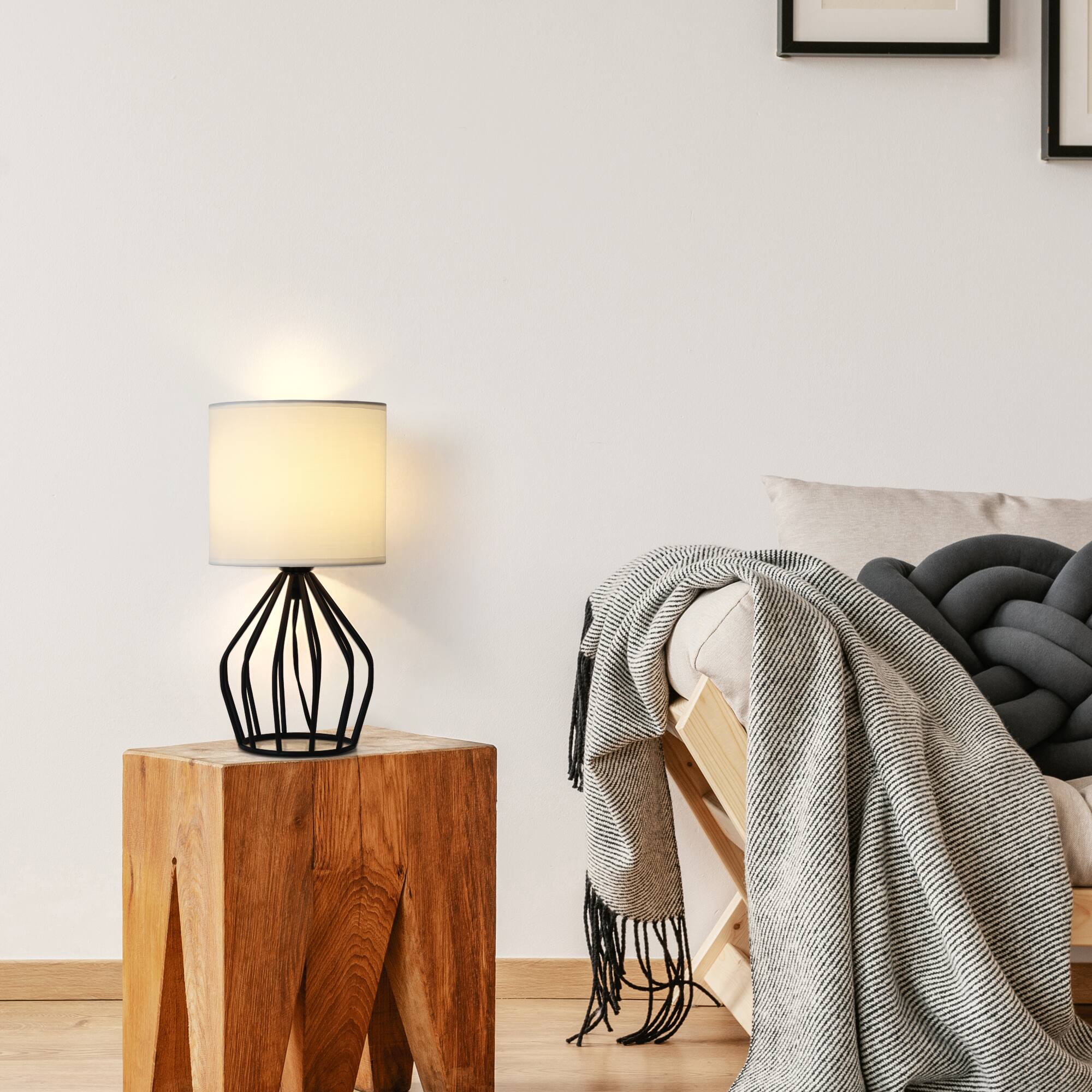 Back. Oumilen - 2 Pack Boho Style Table Lamps w/ Black Metal Cage Base Bedside Lamp for Den Dorm.