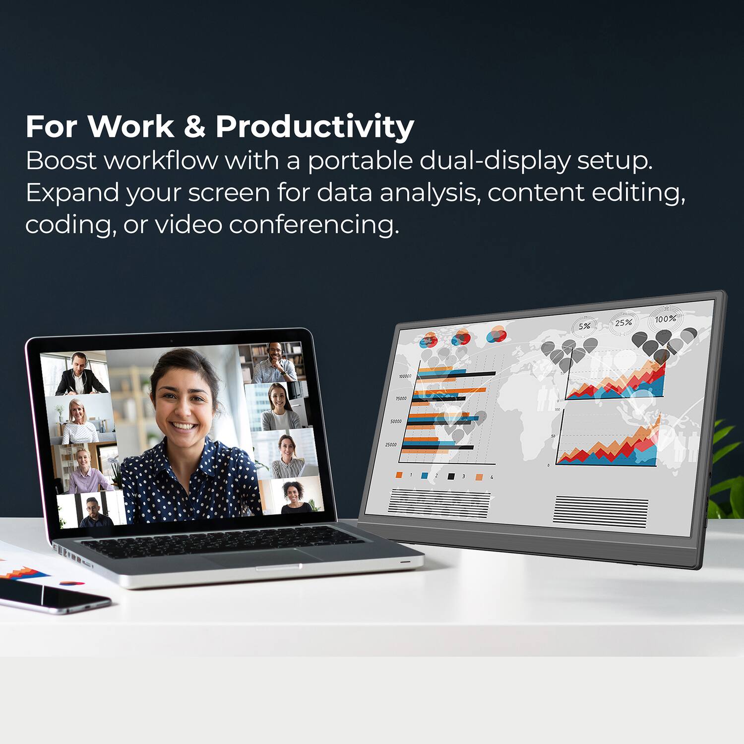 For Work & Productivity

Boost workflow with a portable dual-display setup. Expand your screen for data analysis, content editing, coding, or video conferencing.