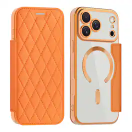 Dteck - Leather Wallet Case for Apple iPhone 17 Pro Max Built-in Lens Protector Shockproof RFID Card Slot Magnetic Cover - Orange