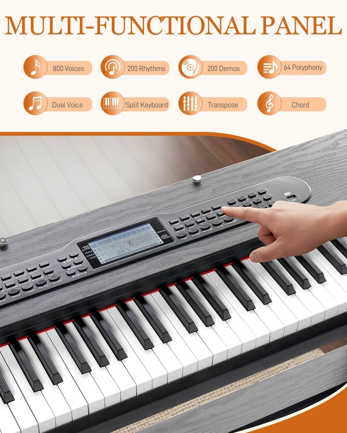 MULTI-FUNCTIONAL PANEL

- 800 Voices
- 200 Rhythms
- 200 Demos
- 64 Polyphony
- Dual Voice
- Split Keyboard
- Transpose
- Chord