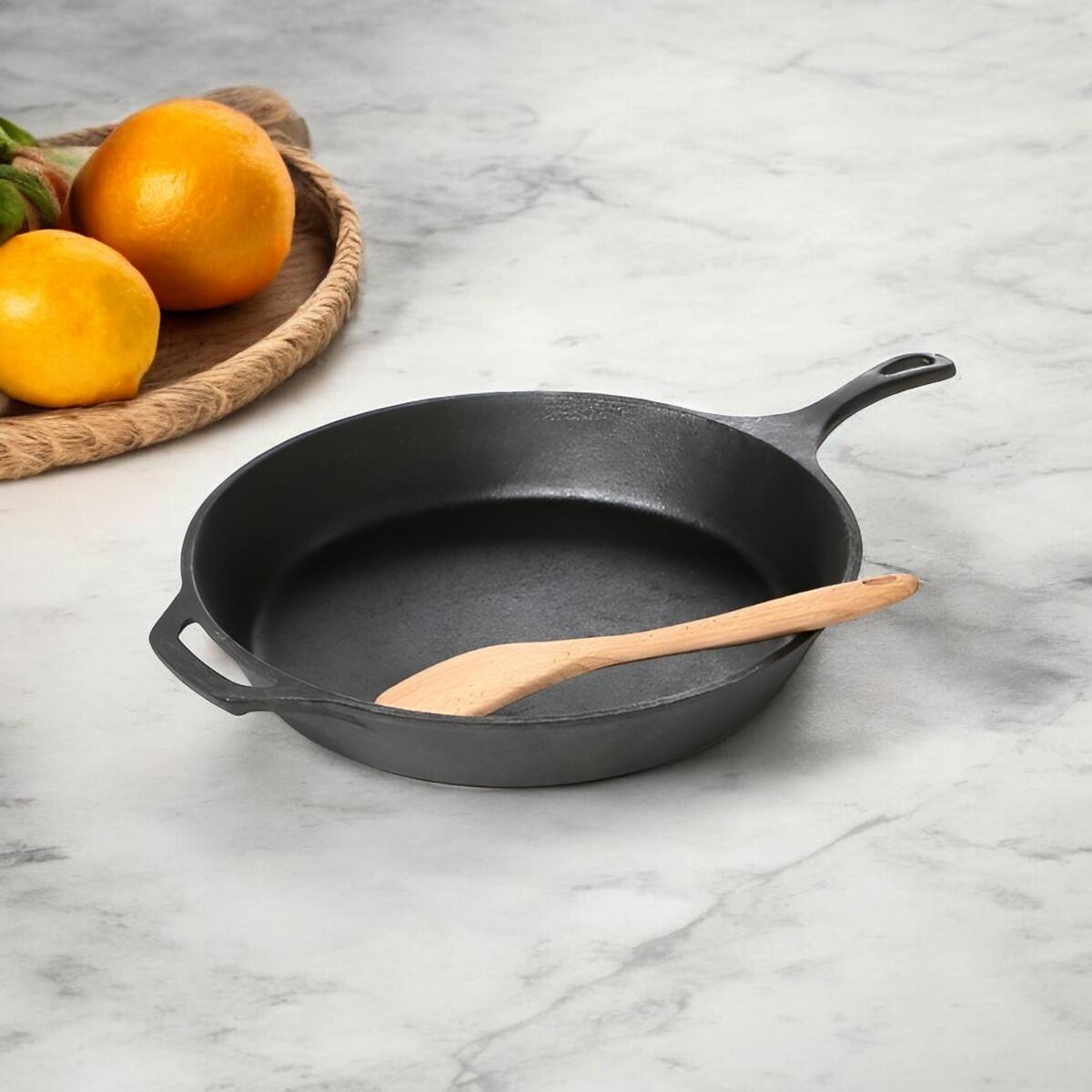 Angle. SlickBlue - Cast Iron Round Skillet Pre-Seasoned for Easy Cooking and Searing - Black.
