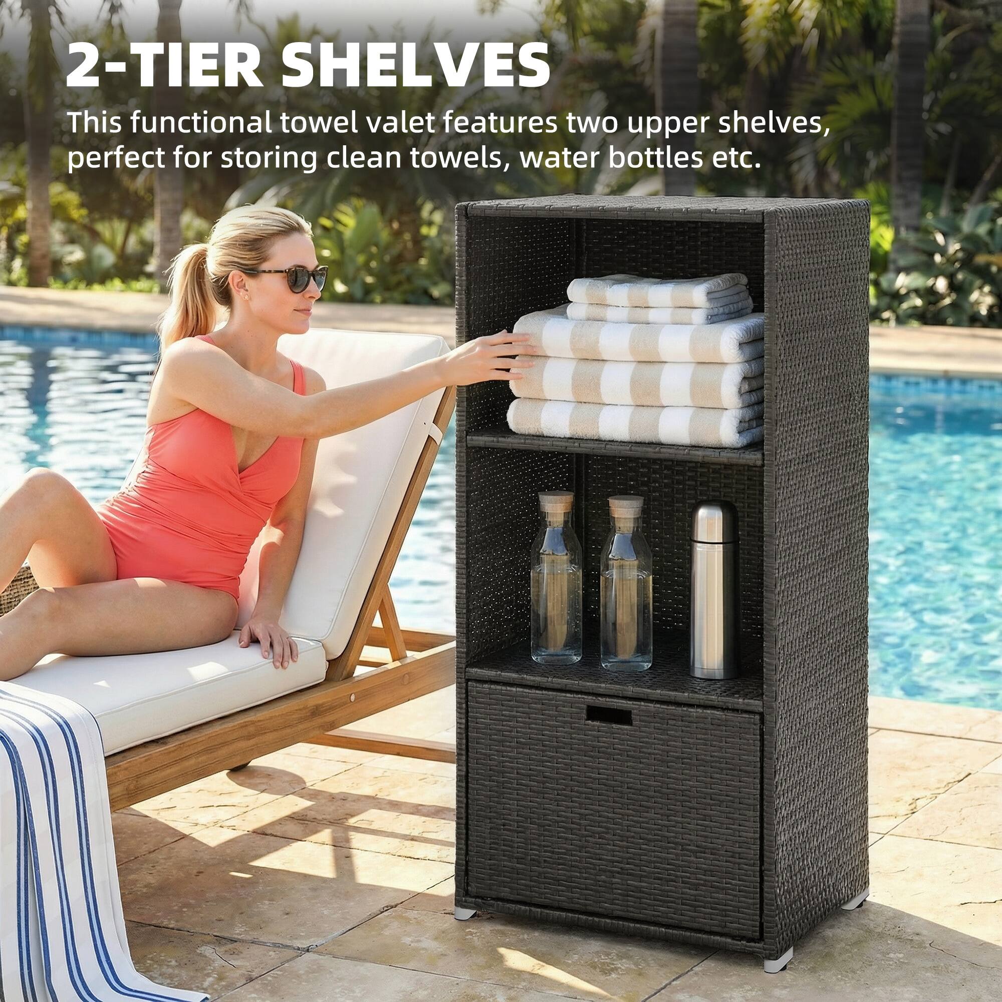 2-TIER SHELVES

This functional towel valet features two upper shelves, perfect for storing clean towels, water bottles etc.