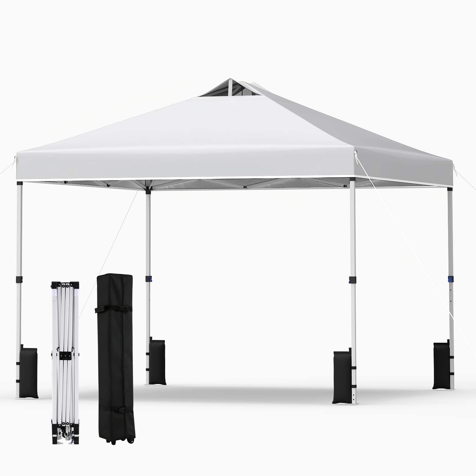 Gymax - 10x10 FT Pop up Canopy Tent Wheeled Carry Bag 4 Canopy Sand Bag - White