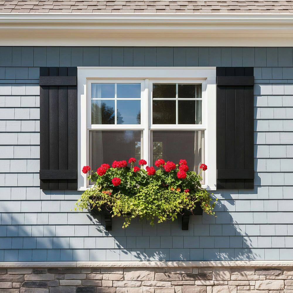 Alt View 2. Kadyn - Classic Board & Batten Faux Shutters with 2 Horizontal Bars for Timeless and Durable Exterior Elegance, 14"x39", Black - Black.