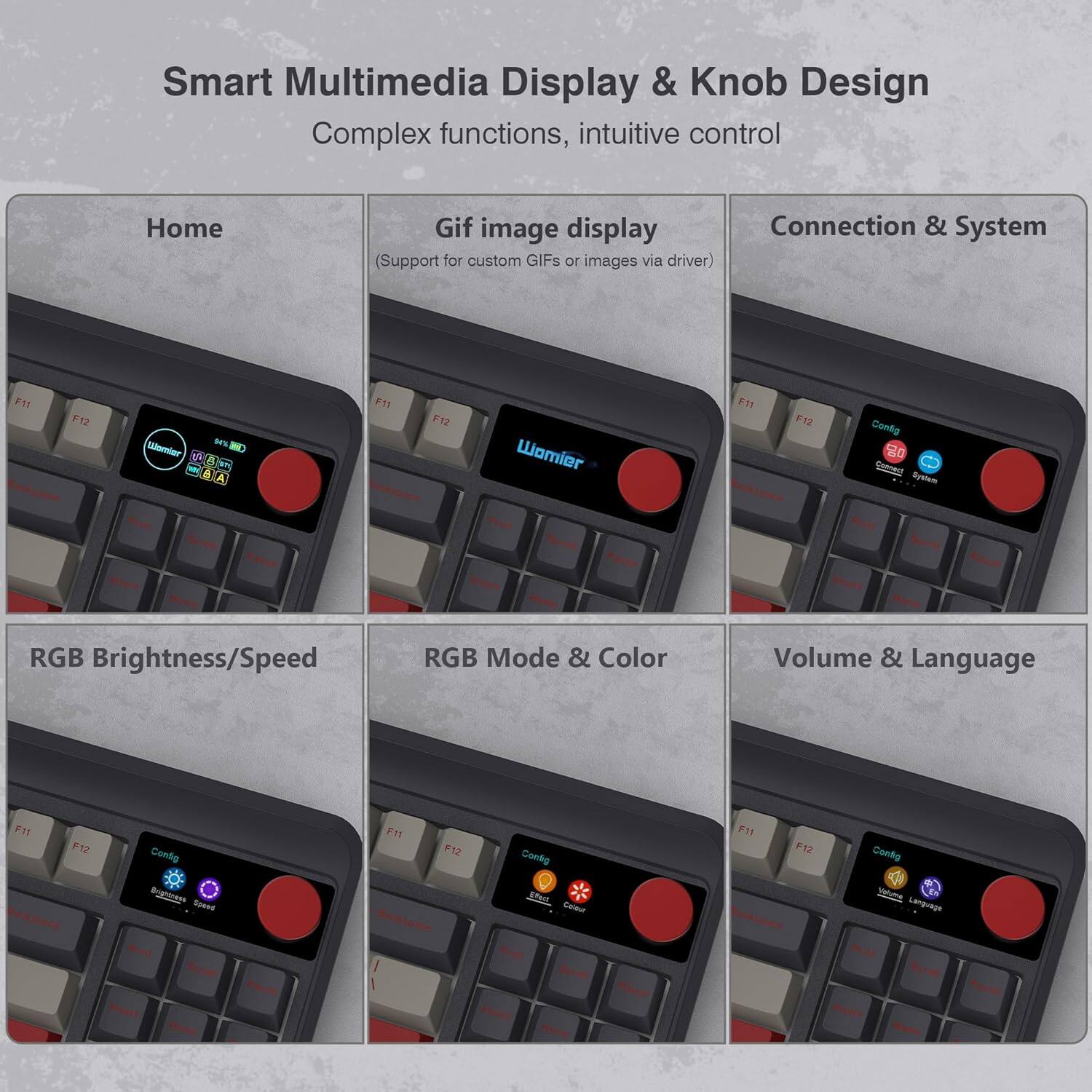 Smart Multimedia Display & Knob Design  
Complex functions, intuitive control  

- Home  
- Gif image display (Support for custom GIFs or images via driver)  
- Connection & System  
- RGB Brightness/Speed  
- RGB Mode & Color  
- Volume & Language