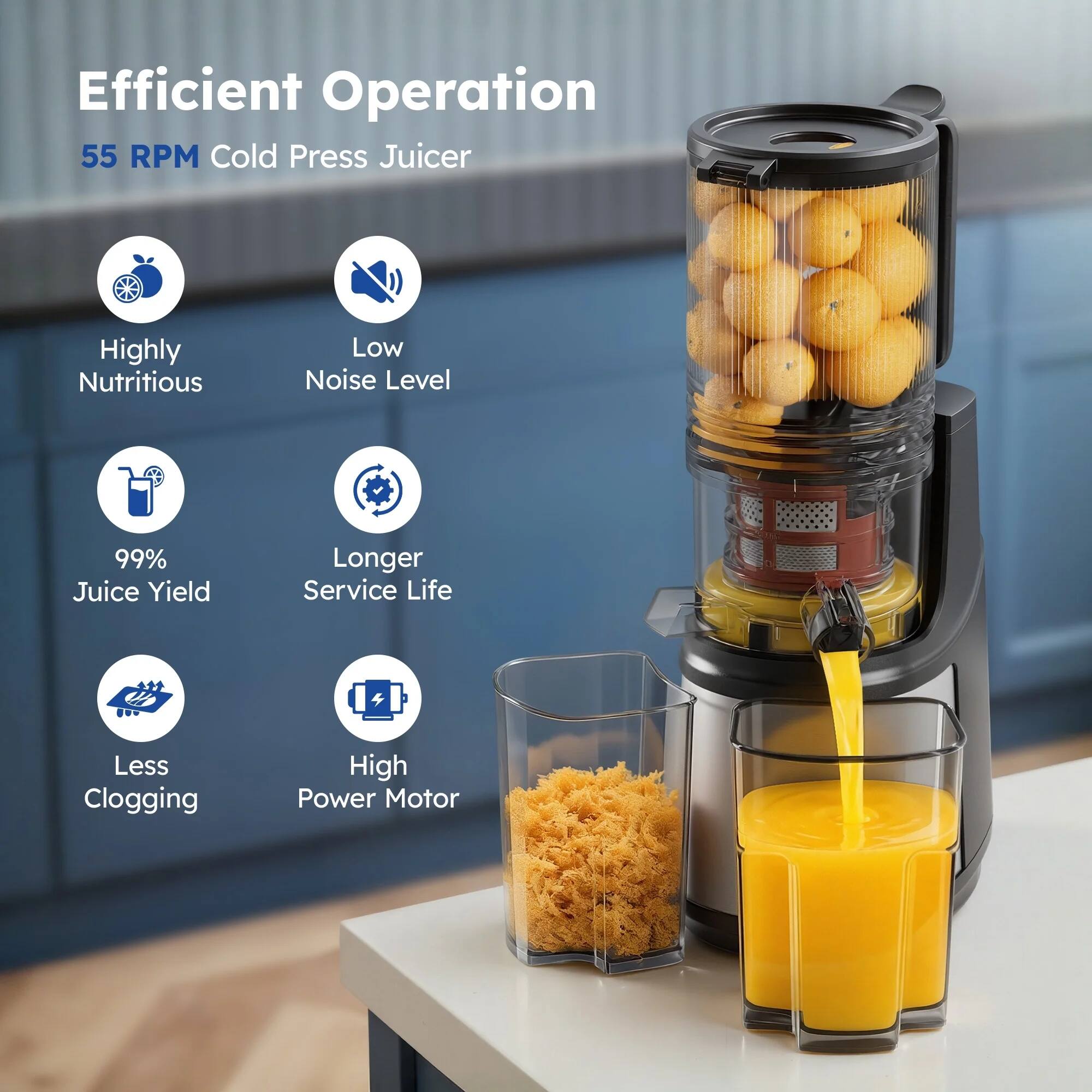 Efficient Operation  
55 RPM Cold Press Juicer  

- Highly Nutritious  
- Low Noise Level  
- 99% Juice Yield  
- Longer Service Life  
- Less Clogging  
- High Power Motor