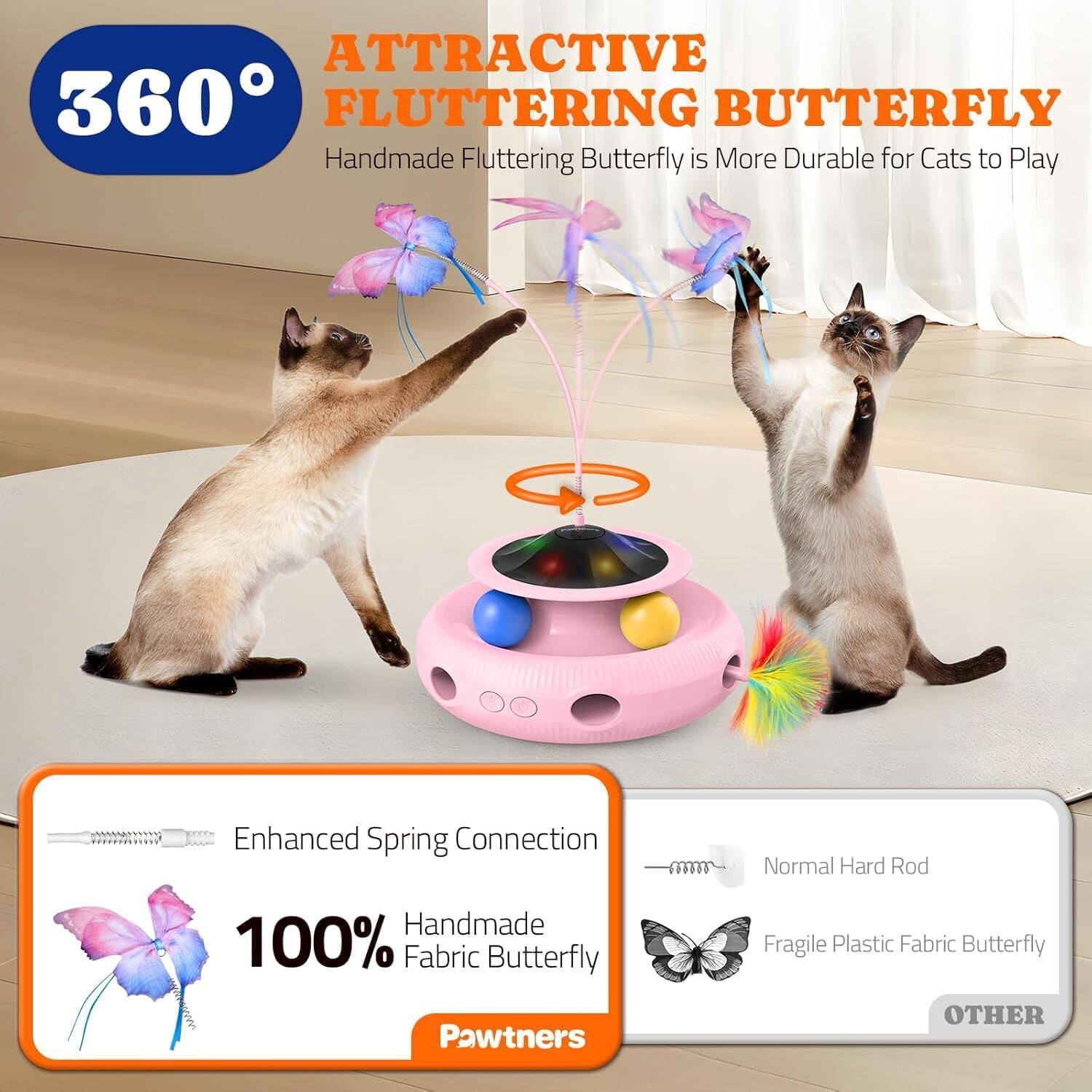 Attractive 360 Fluttering Butterfly, Handmade Fluttering Butterfly is More Durable for Cats to Play, Enhanced Spring Connection, Normal Hard Rod, Handmade 100% Fabric Butterfly, Pawtners, Fragile Plastic Fabric Butterfly, Other