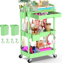FINEAK - 3-Tier Rolling Utility Cart-Removable Drawer & Lockable Wheels - Green