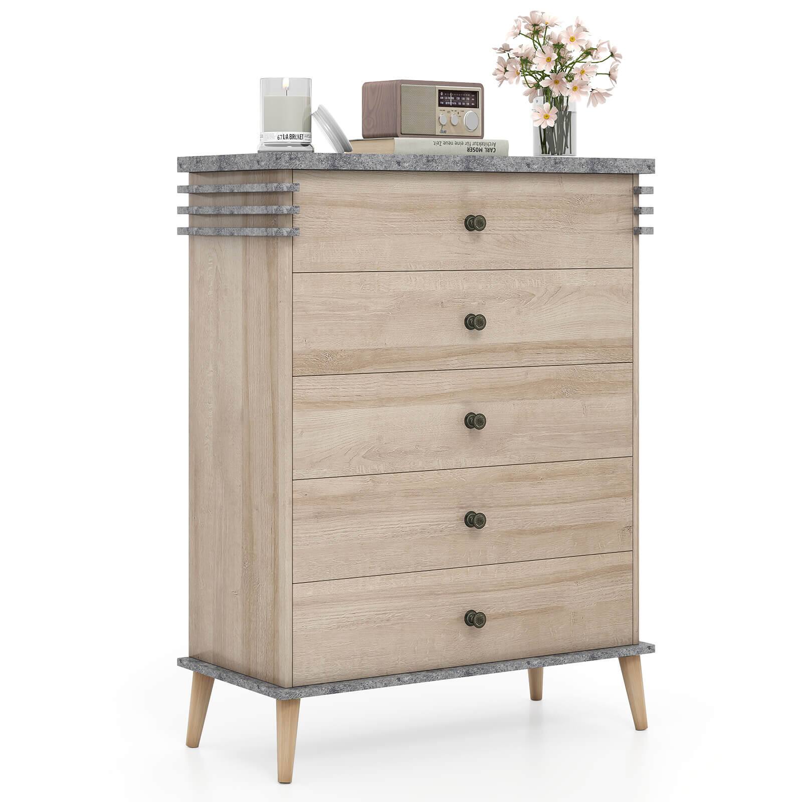 Costway - 5-Drawer Dresser Farmhouse Chest of Drawers with Rubber Wood Legs Anti-tipping Kit - Antique Grey & Natural
