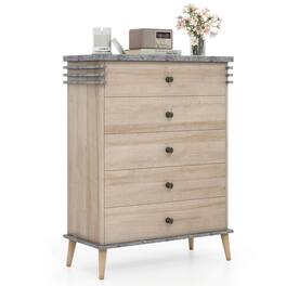 Costway - 5-Drawer Dresser Farmhouse Chest of Drawers with Rubber Wood Legs Anti-tipping Kit - Antique Grey & Natural