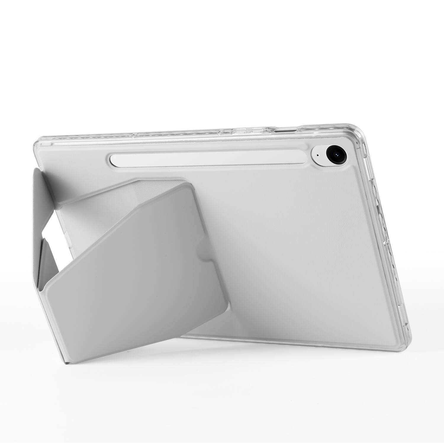 Back. Dteck - Slim Faux Leather Case for Samsung Galaxy Tab S10 FE / S10 / S9 / S9 FE,Soft Silicone Bumper Shell with Foldable Stand - Gray.