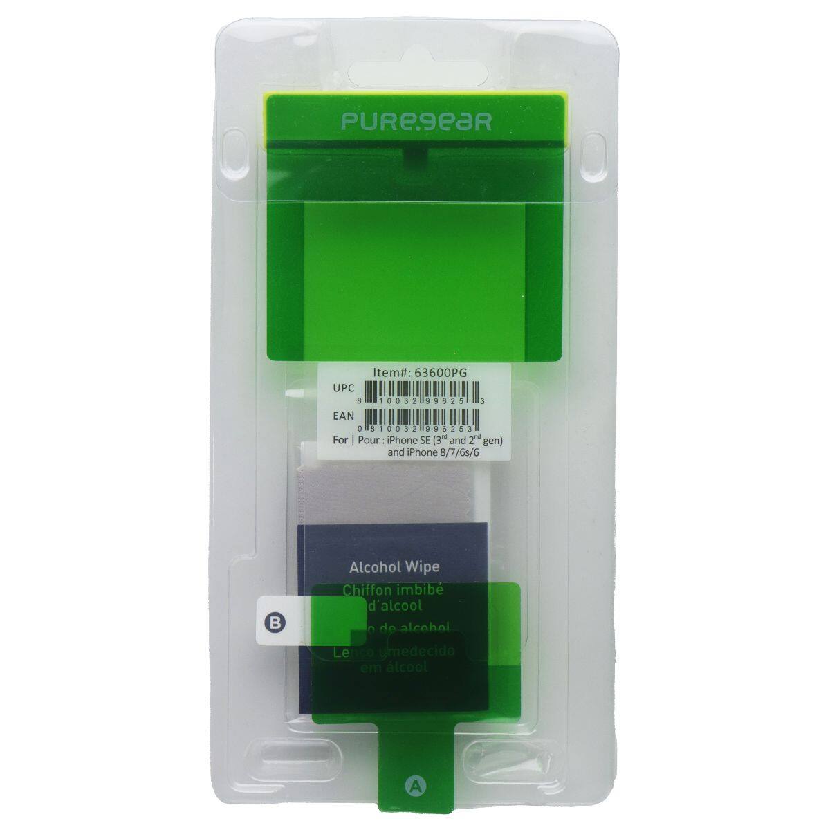 PUREgeaR Item#: 63600PG  
UPC: 8 10032 99625 3  
EAN: 10032 996253 3  
For | Pour iPhone SE (3" and 20 gen) and iPhone 8/7/6s/6  
Alcohol Wipe  
Chiffon imbibé d'alcool  
Lencita humedecida en alcohol