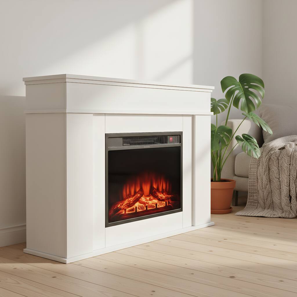 Front. AOSTIRMOTOR - White 43 inch 1500W 5120BTU Electric Fireplace with Mantel Adjustable Flames for Living Room.