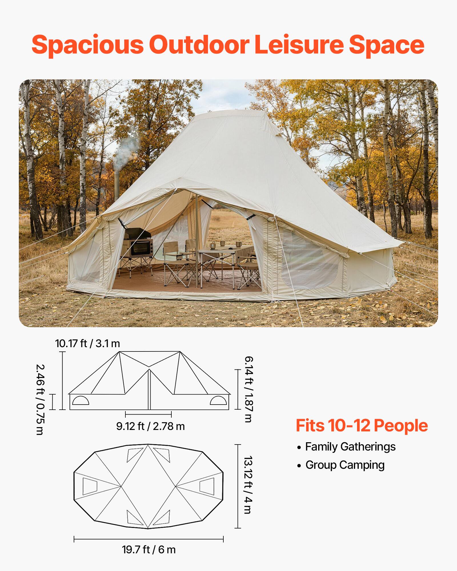 Spacious Outdoor Leisure Space

10.17 ft / 3.1 m  
2.46 ft / 0.75 m  
9.12 ft / 2.78 m  
19.7 ft / 6 m  
6.14 ft / 1.87 m  
13.12 ft / 4 m

Fits 10-12 People  
Family Gatherings  
Group Camping