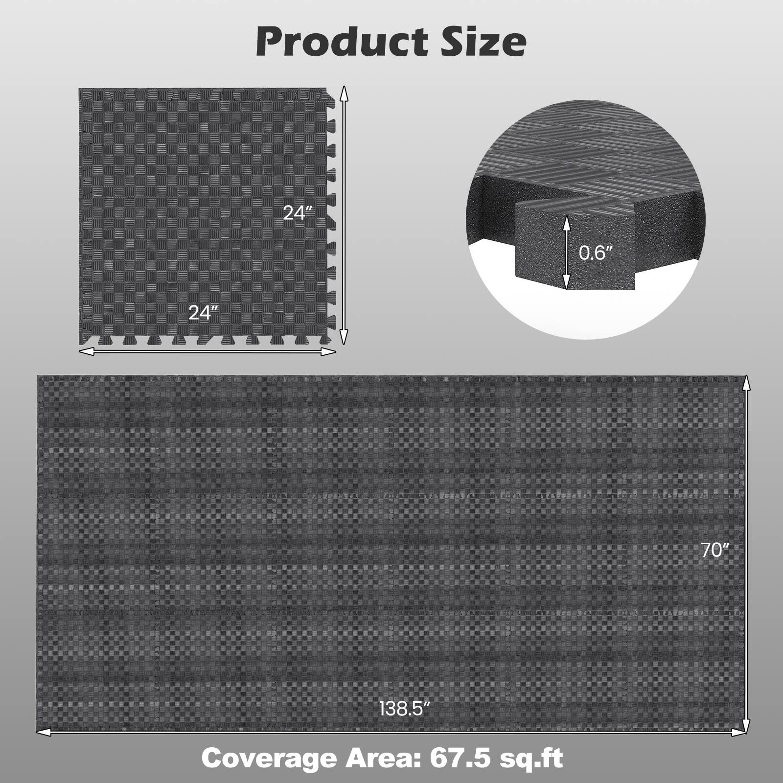 Product Size
24" x 24"
0.6" thickness
Coverage Area: 67.5 sq.ft