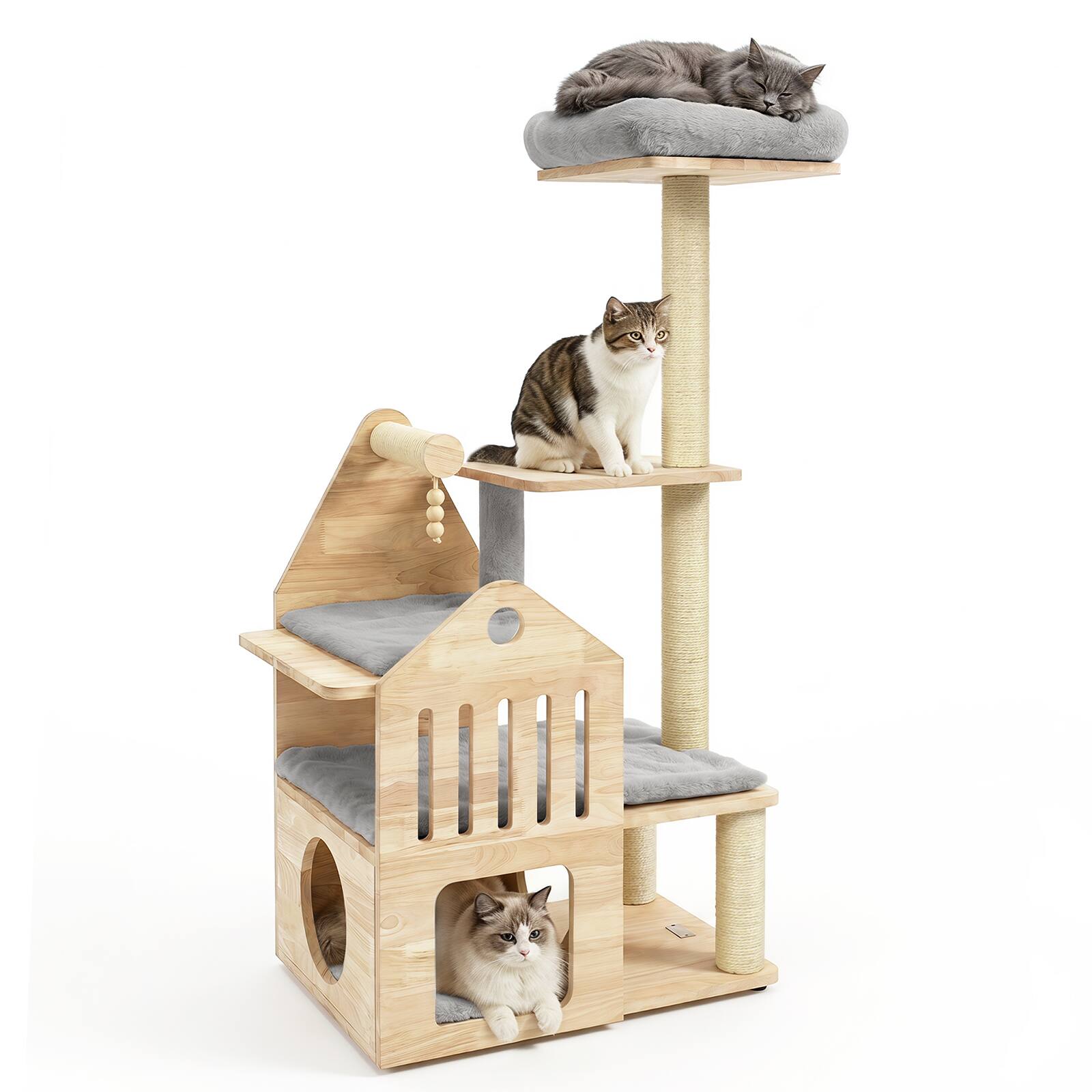 Front. Gymax - Gymax 48.5''Multi-Level Solid Wood Cat Tree Padded Top Perch Cat Condo Wooden Balls Natural & Grey - Gray.