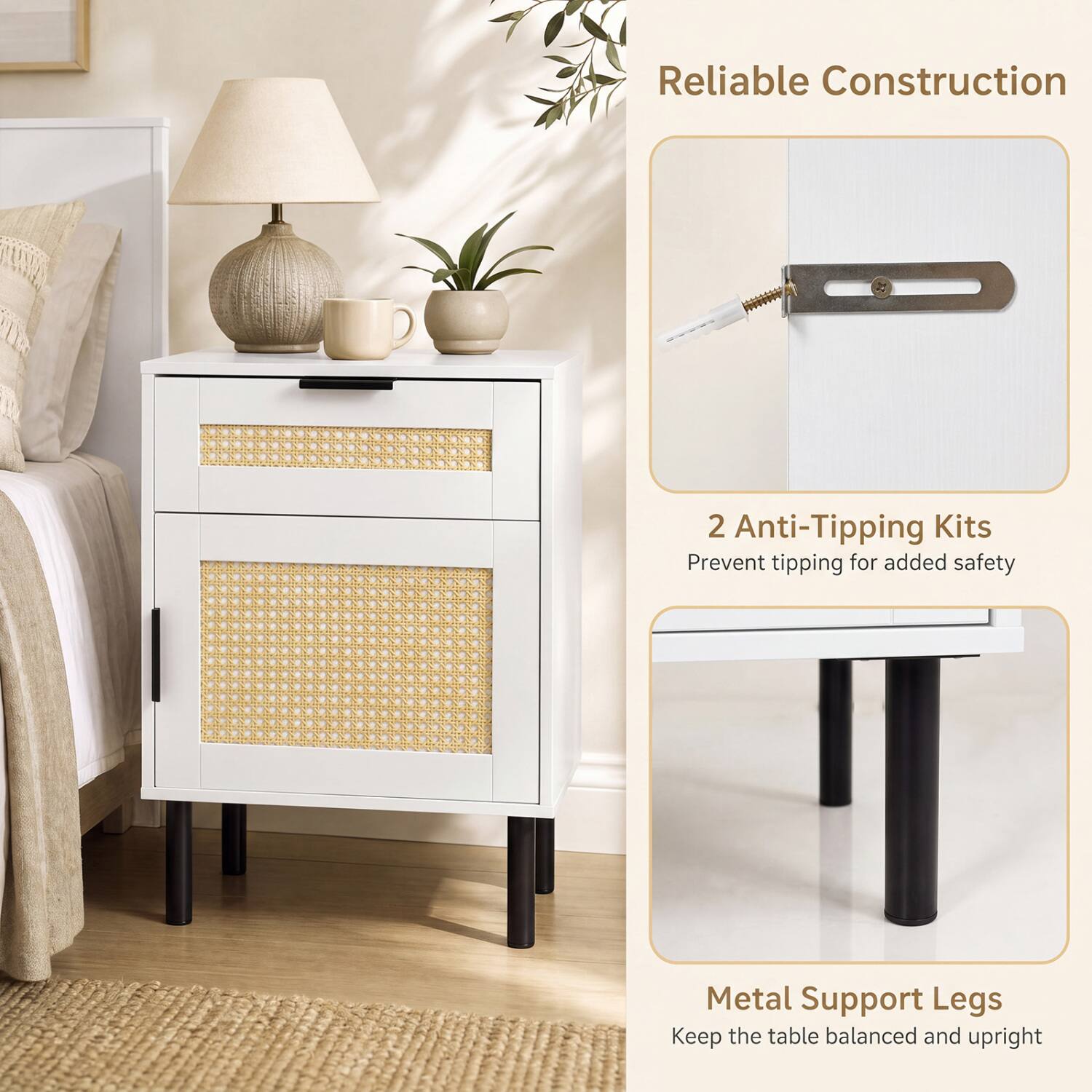 Reliable Construction

2 Anti-Tipping Kits
Prevent tipping for added safety

Metal Support Legs
Keep the table balanced and upright