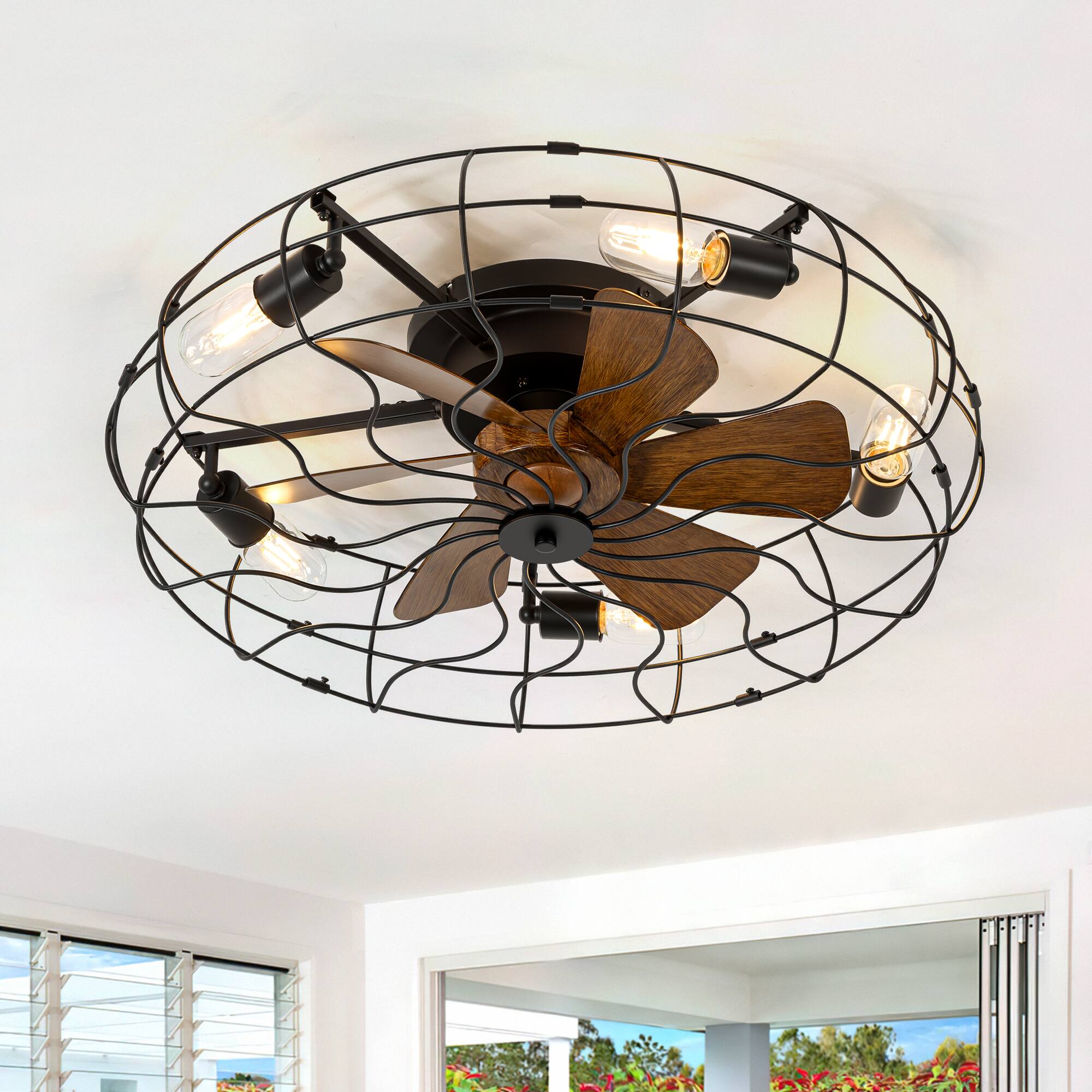 Left. Breezary - 19/24 Inch Durable Cage Ceiling Fan with Light Remote Control Flush Surface Mount for Bedroom Living Room - Black & Wood Grain.