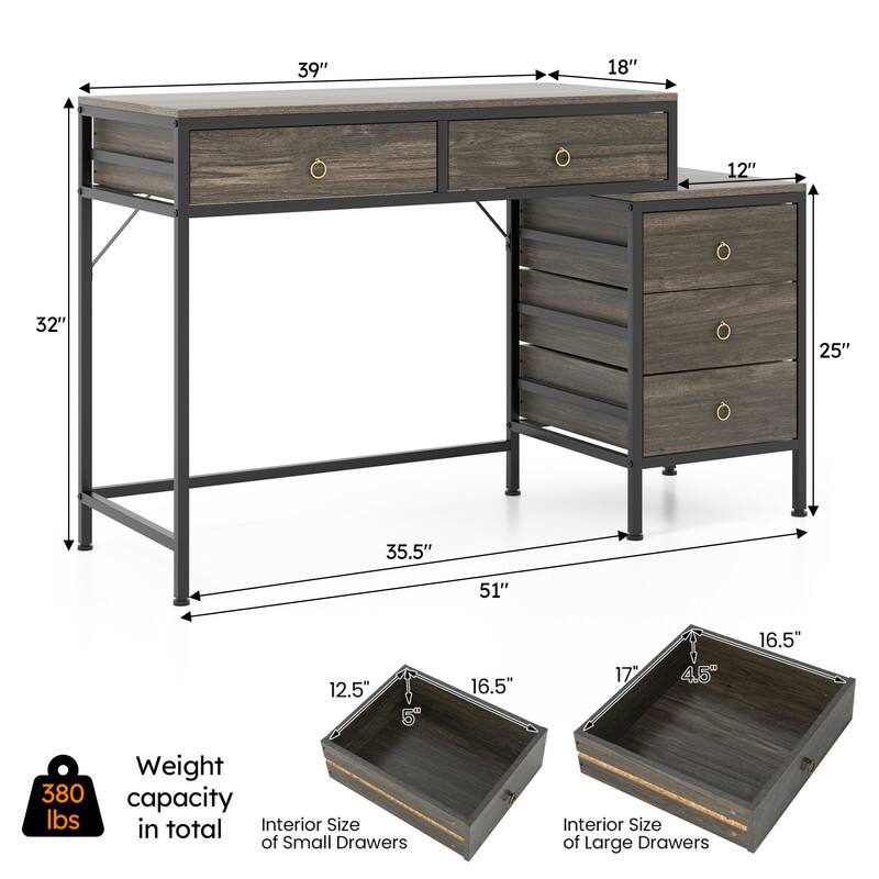 39" 18" 12" 32" 25" 35.5" 51" 12.5" 5" 16.5" 17" 4.5" 16.5"  
Weight capacity: 380 lbs in total  
Interior Size of Small Drawers  
Interior Size of Large Drawers